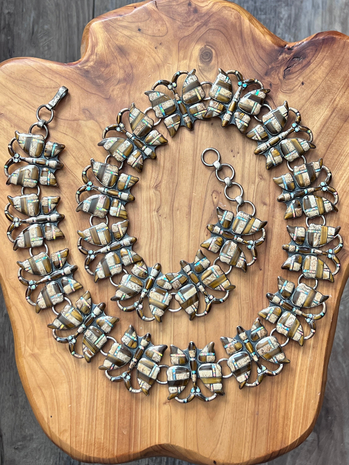 Vintage Dead Stock Handcrafted Sterling Silver and Inlay Multistone Butterfly Southwestern Style Link Belt, Tiger Eye