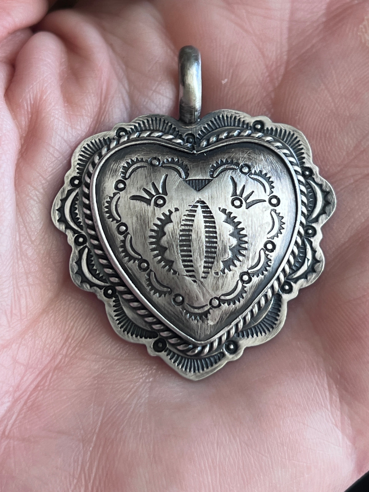 Hand Stamped Sterling Silver Heart Pendants by Murphy Platero, Medium