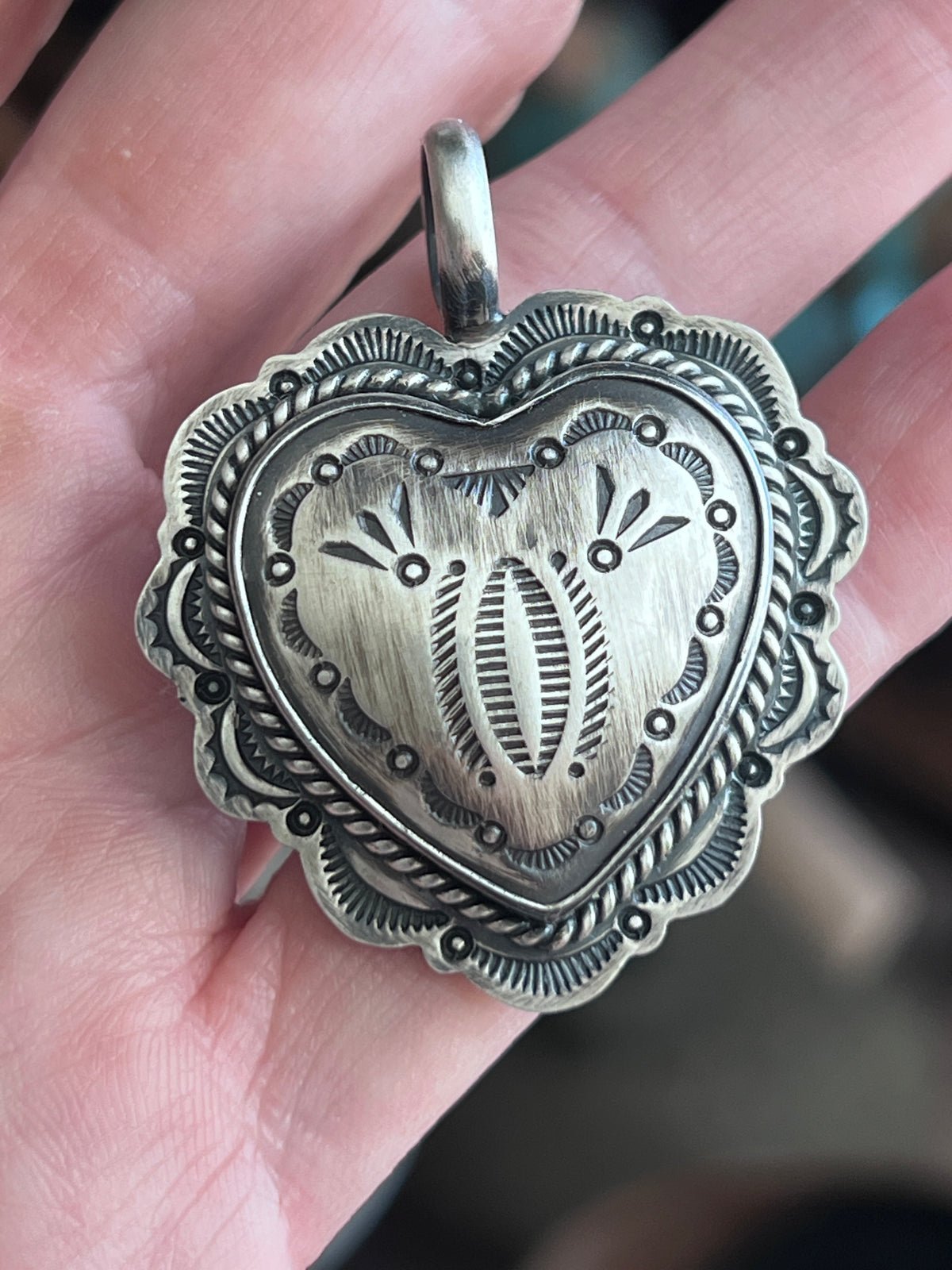 Hand Stamped Sterling Silver Heart Pendants by Murphy Platero, Medium