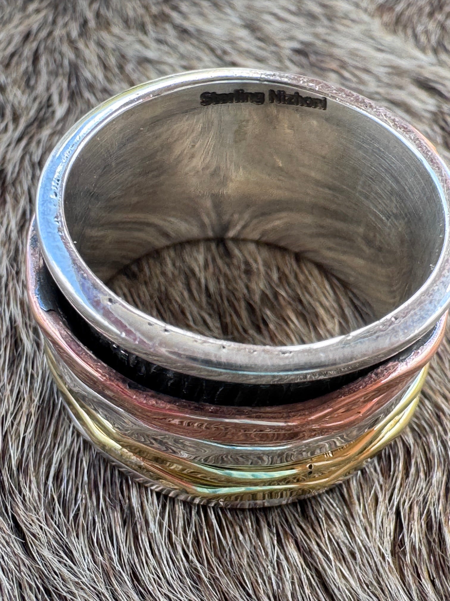 Handmade Sterling Silver, Copper, & Brass 5 Row Spinner Ring
