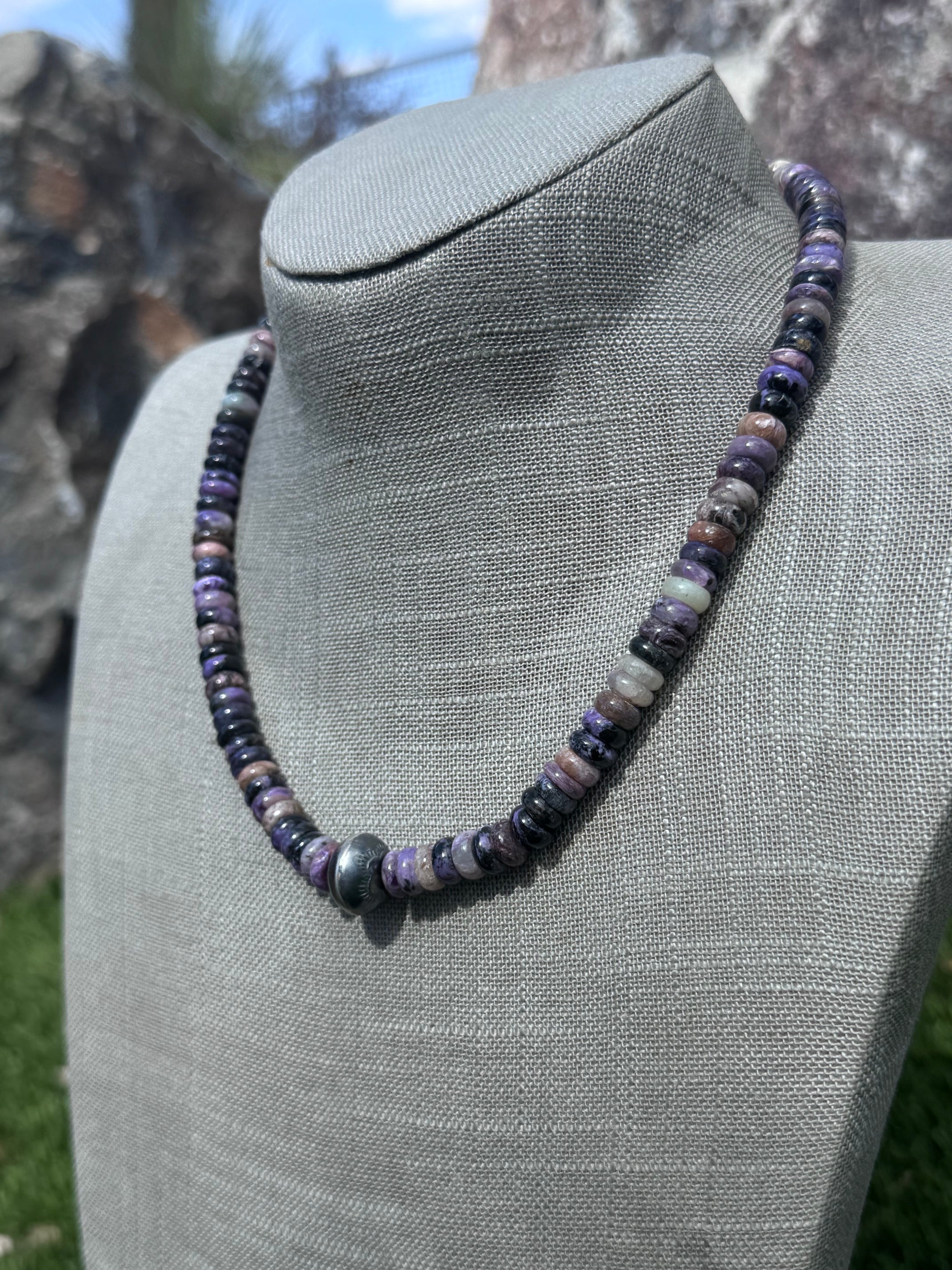 Handmade Sterling Silver Rainbow Super Seven Beaded Necklace 17.5" by Roaming Buffalo