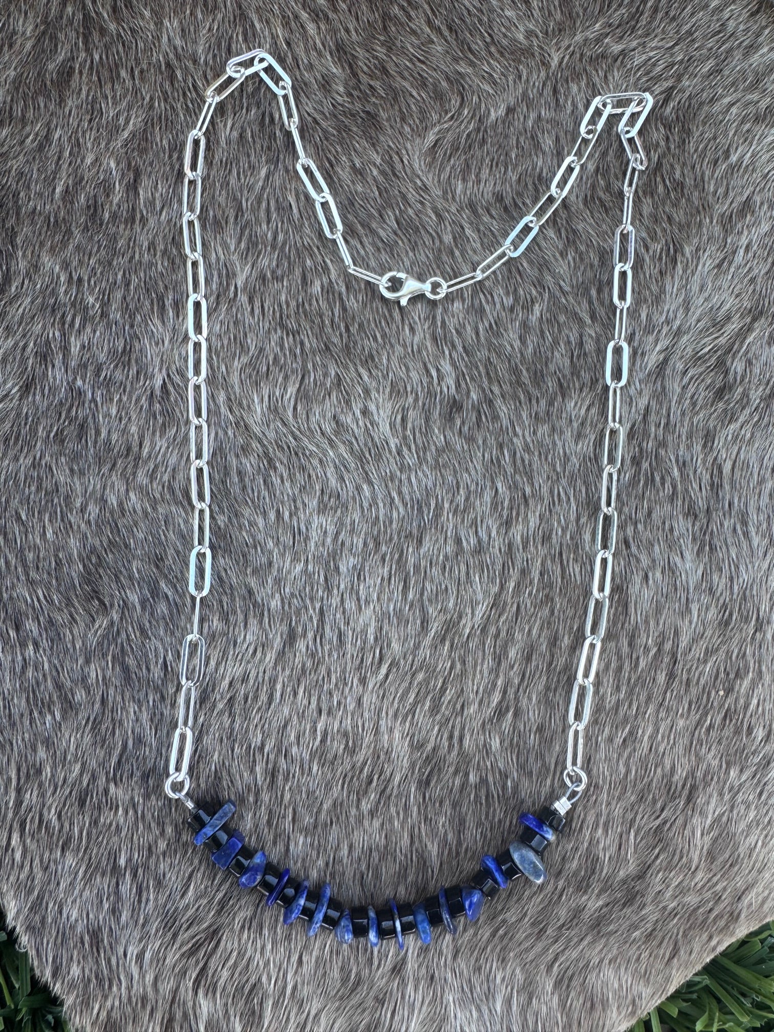 Handmade Sterling Silver Lapis And Black Onyx Beaded Necklace by Roaming Buffalo