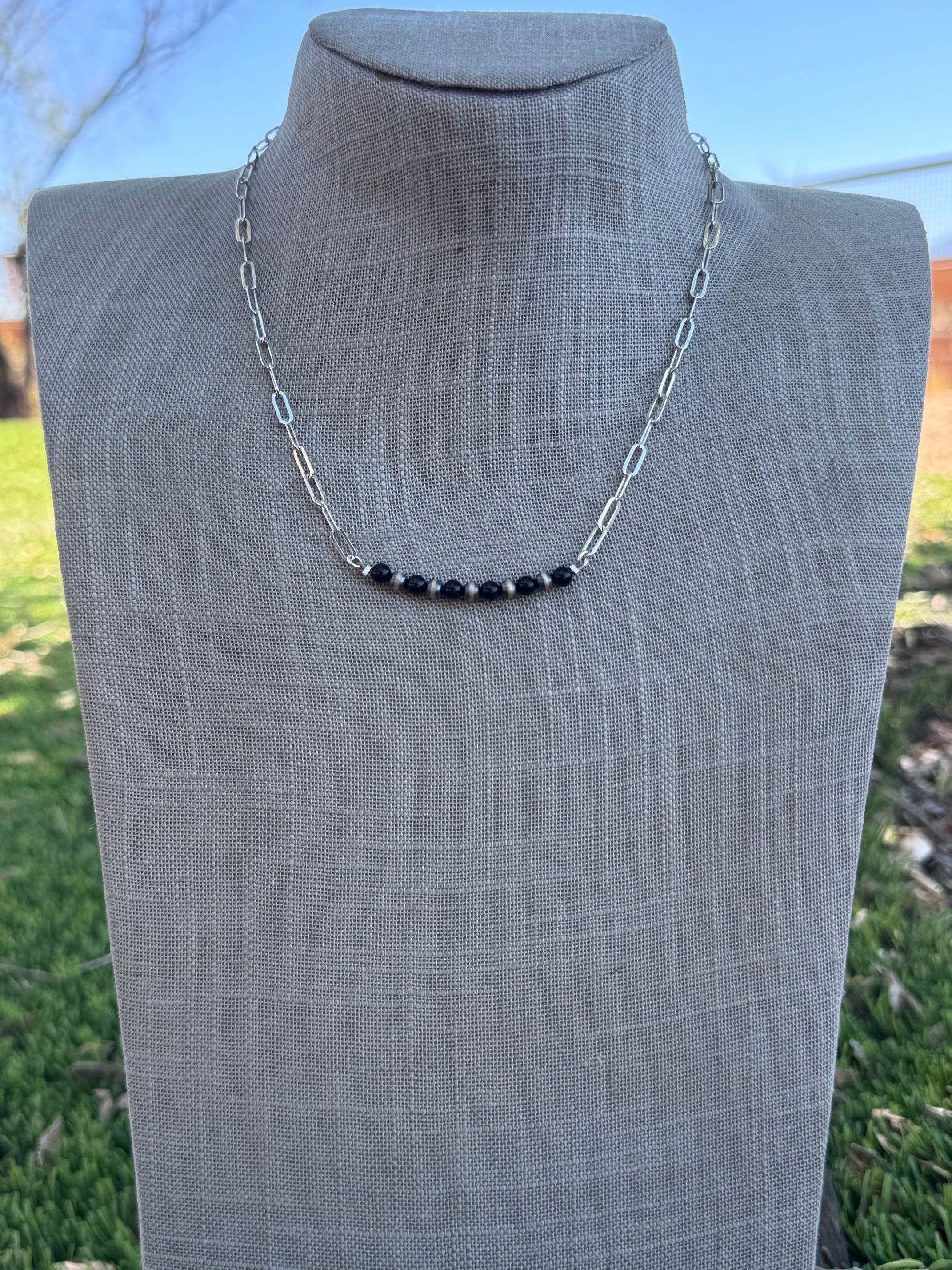 Handmade Sterling Silver Pearl & Black Onyx 4mm Beaded Necklace by Roaming Buffalo 17.5"