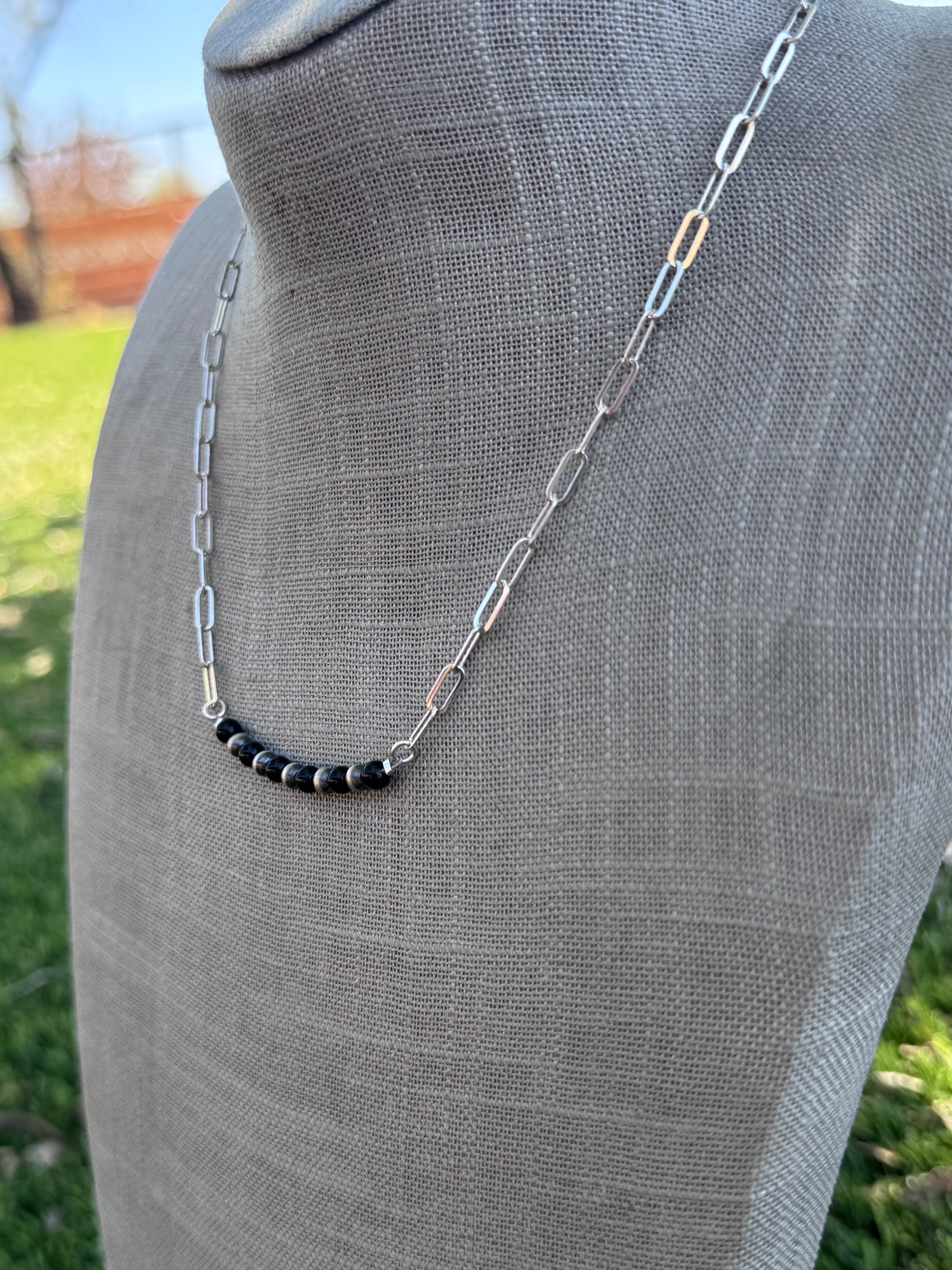 Handmade Sterling Silver Pearl & Black Onyx 4mm Beaded Necklace by Roaming Buffalo 17.5"