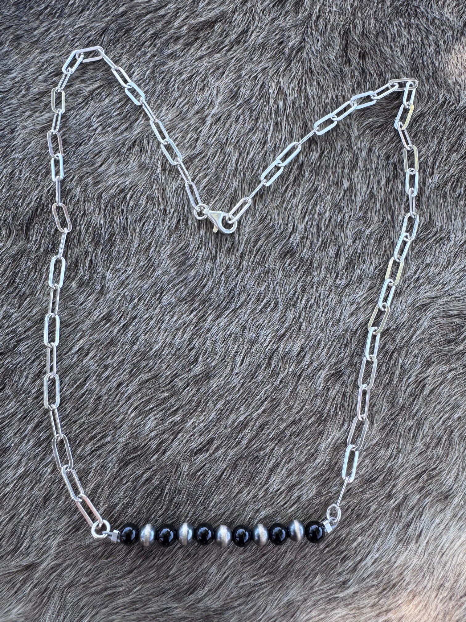 Handmade Sterling Silver Pearl & Black Onyx 4mm Beaded Necklace by Roaming Buffalo 17.5"