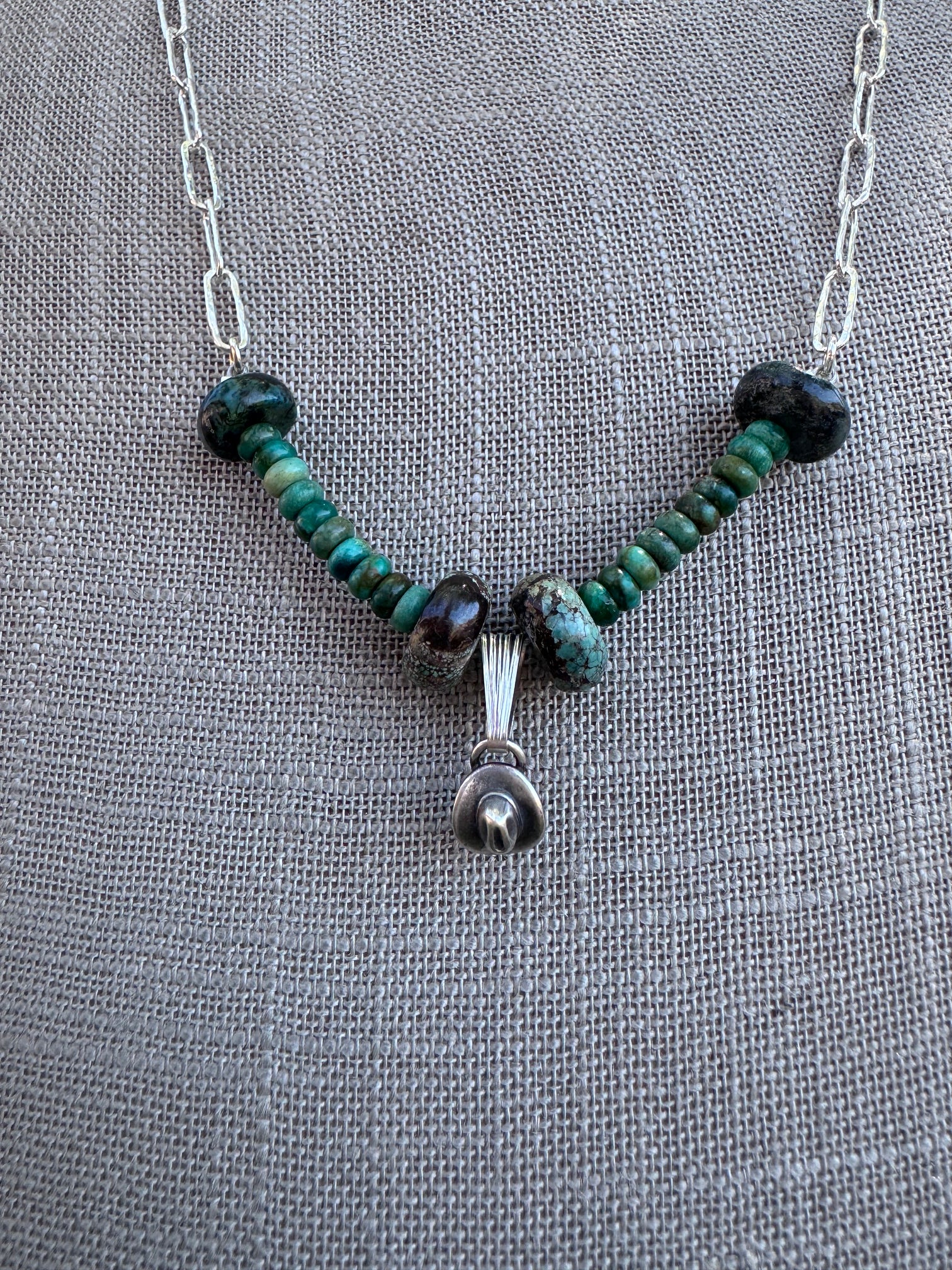 Handmade Sterling Silver Hubei Mixed Beaded Cowboy Hat Necklace by Roaming Buffalo 21"