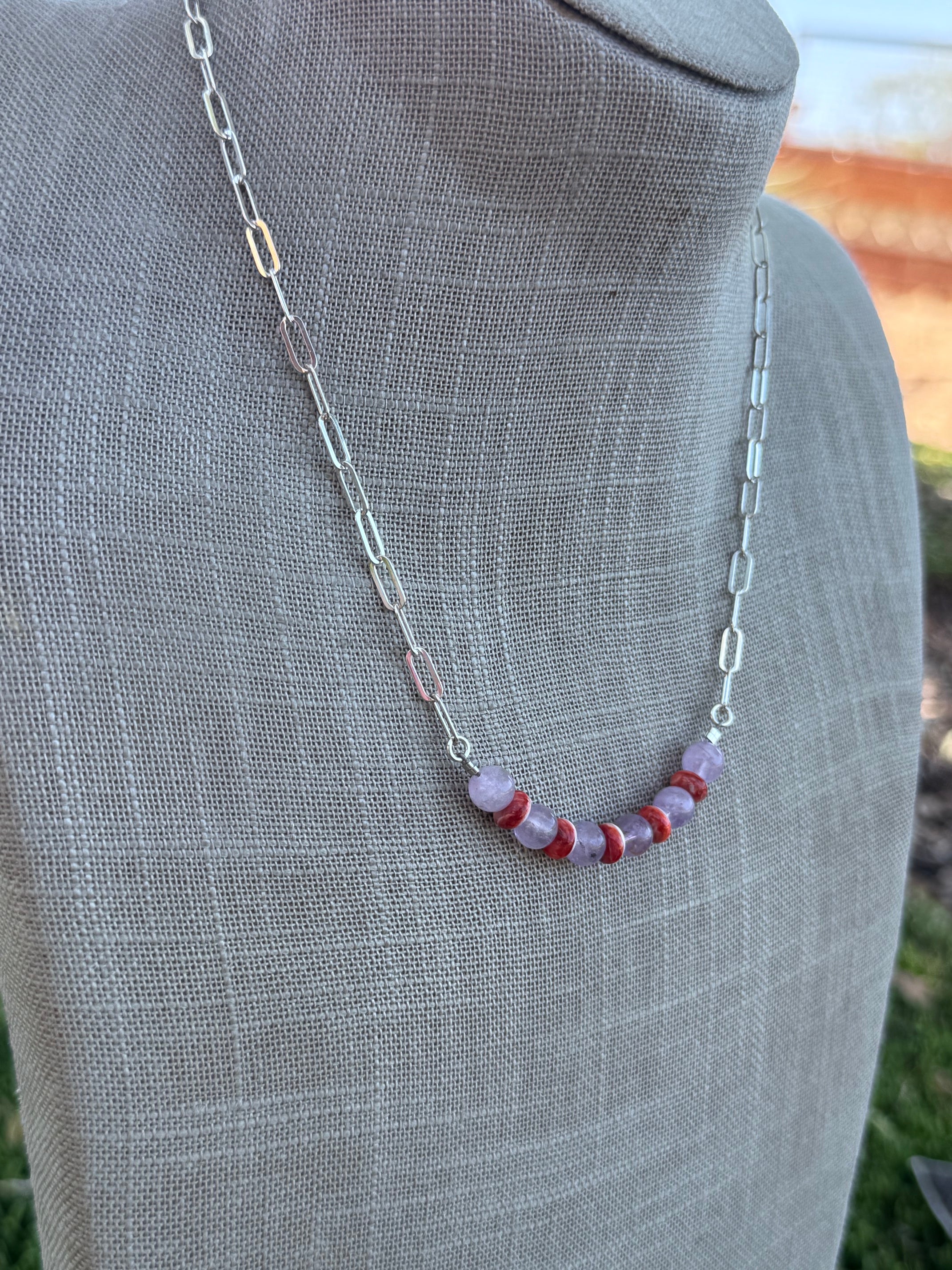 Handmade Sterling Silver Spiny Oyster & Lavender Jade Beaded Necklace by Roaming Buffalo