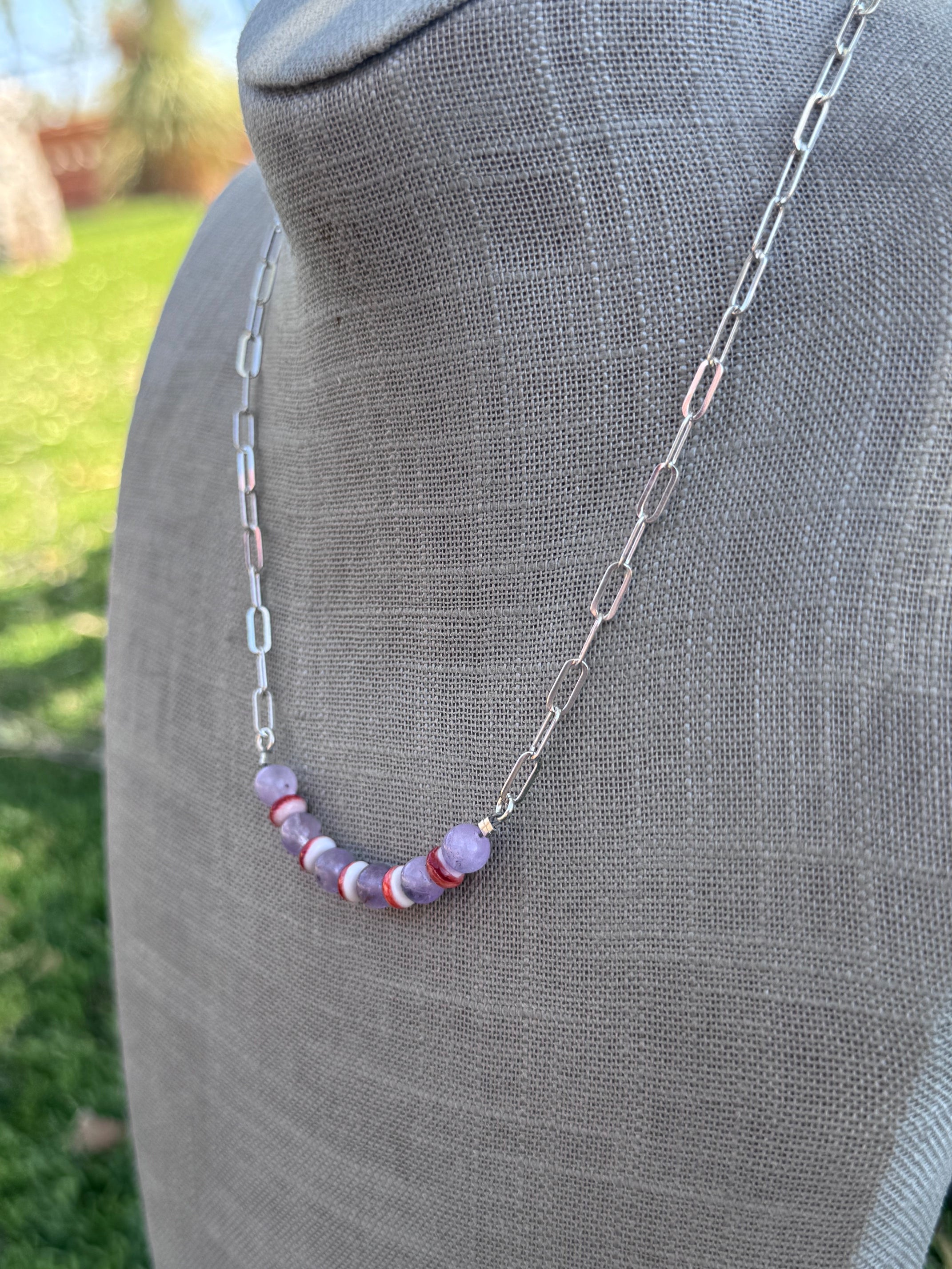 Handmade Sterling Silver Spiny Oyster & Lavender Jade Beaded Necklace by Roaming Buffalo