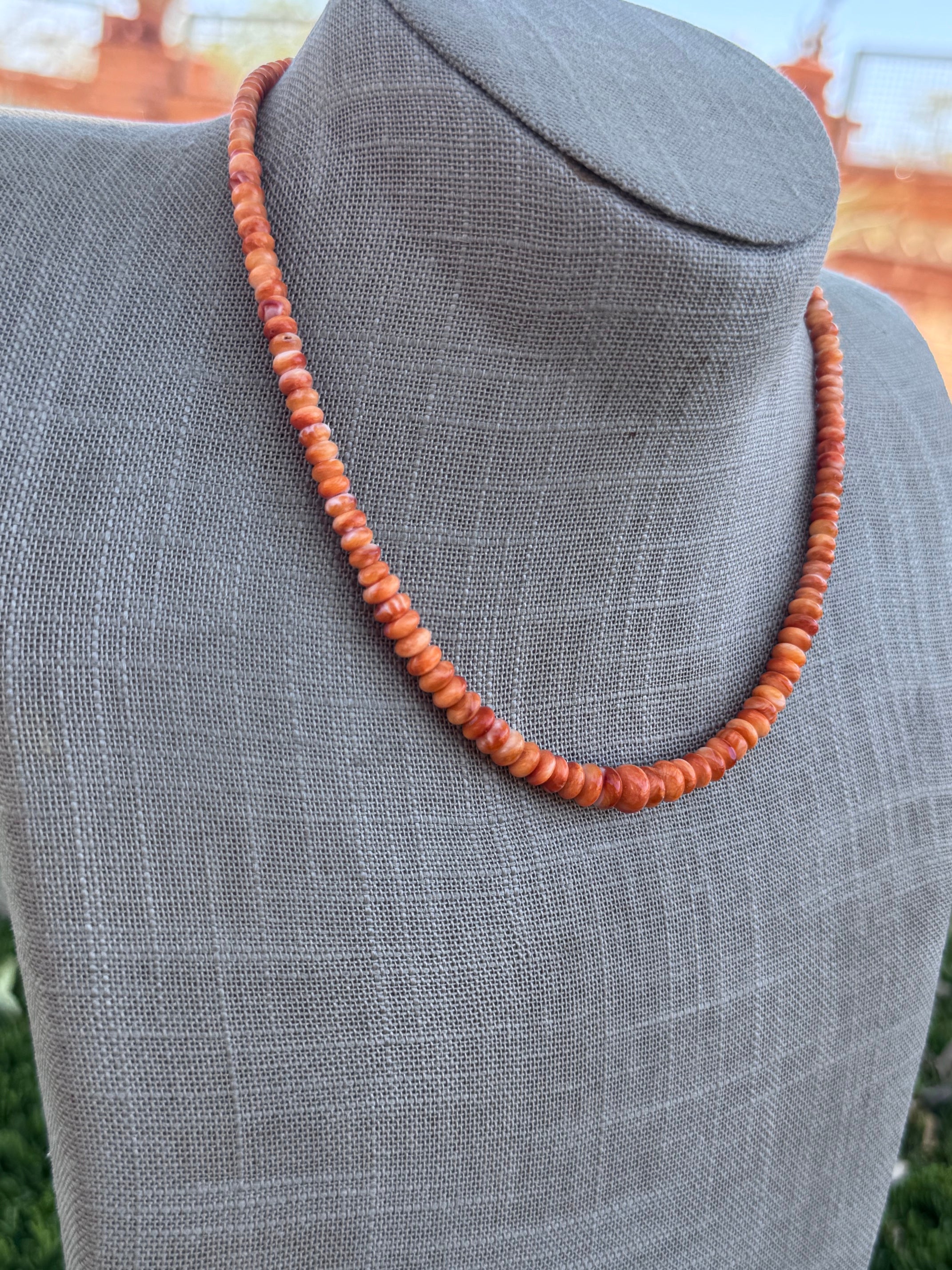 Handmade Sterling Silver Orange Spiny Oyster Beaded Necklace by Roaming Buffalo 16.5"