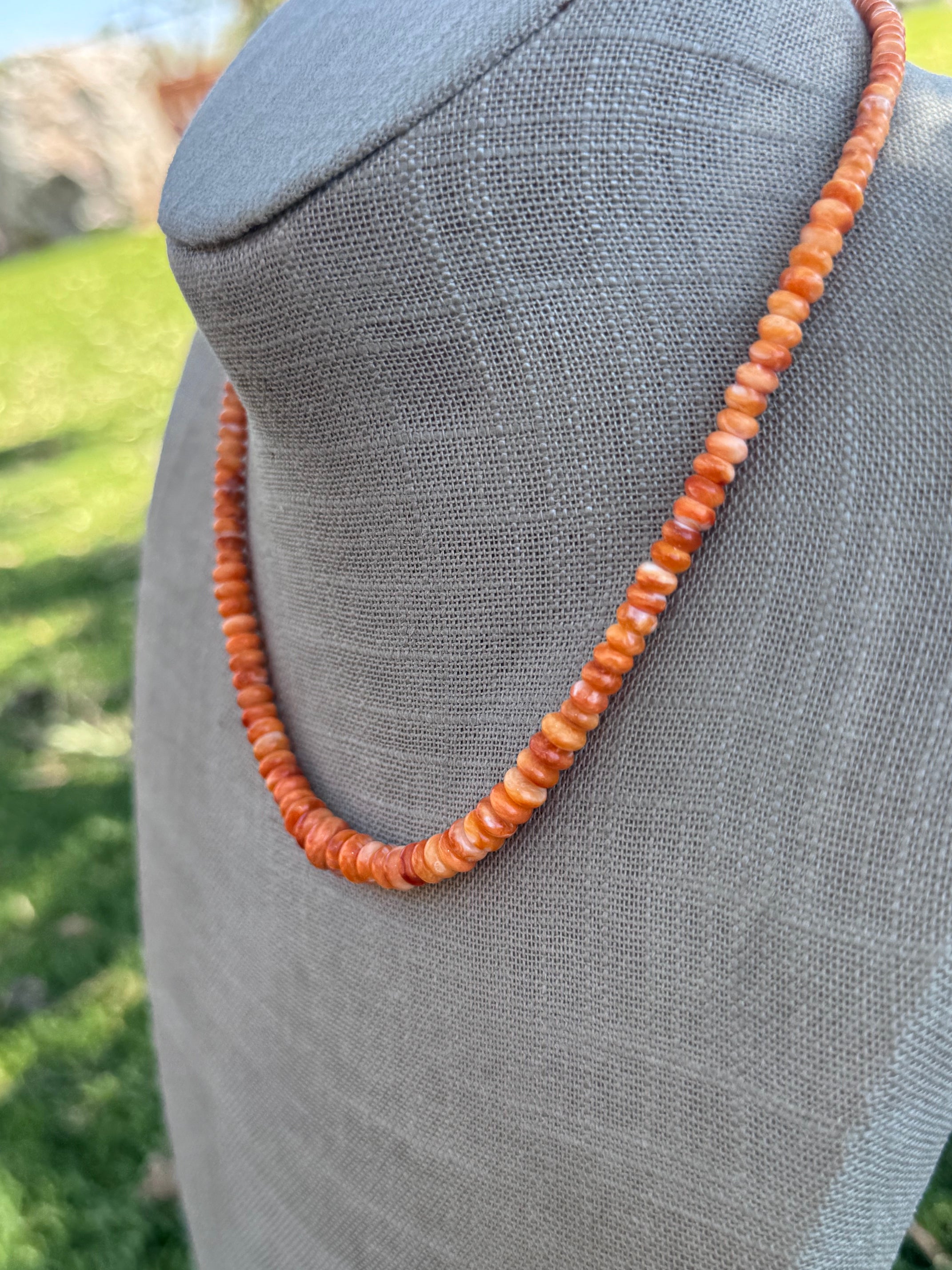 Handmade Sterling Silver Orange Spiny Oyster Beaded Necklace by Roaming Buffalo 16.5"