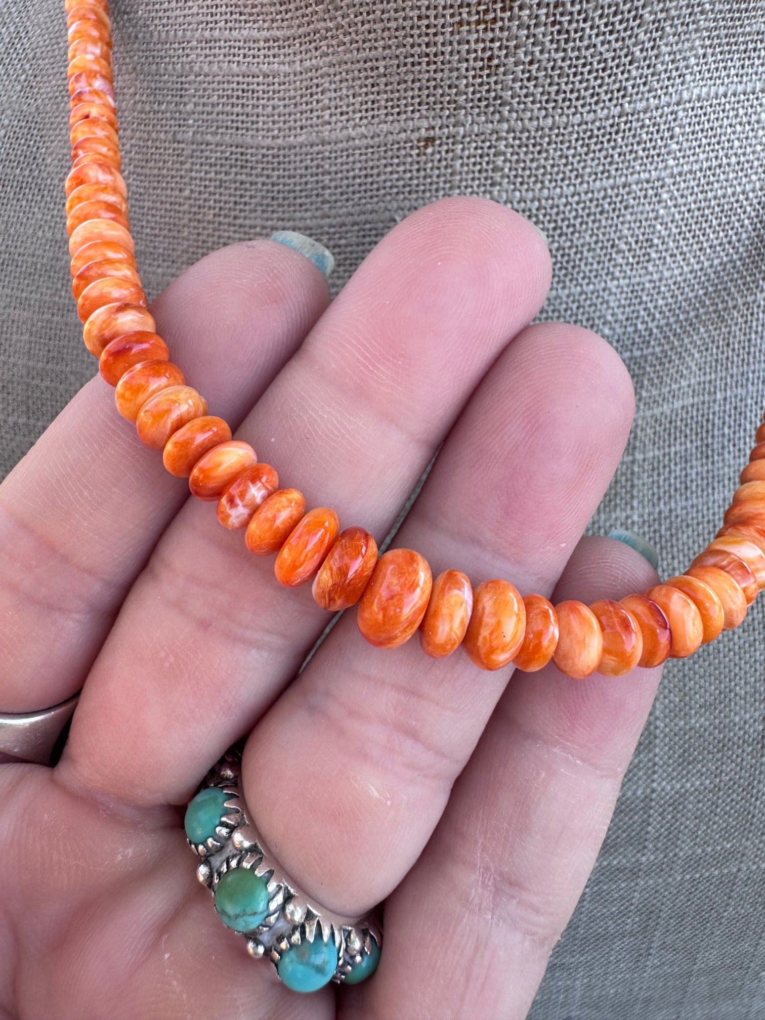 Handmade Sterling Silver Orange Spiny Oyster Beaded Necklace by Roaming Buffalo 16.5"
