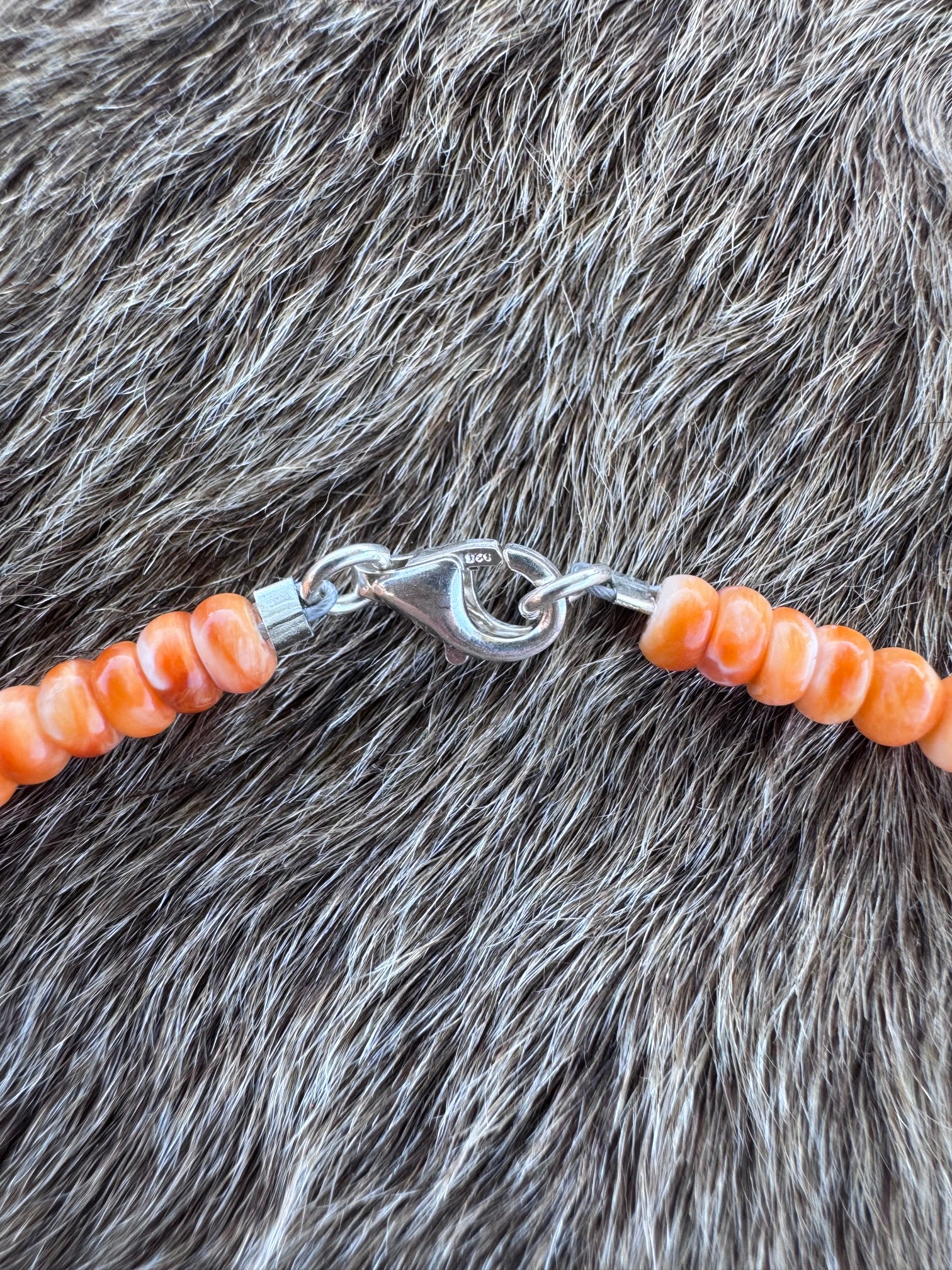 Handmade Sterling Silver Orange Spiny Oyster Beaded Necklace by Roaming Buffalo 16.5"