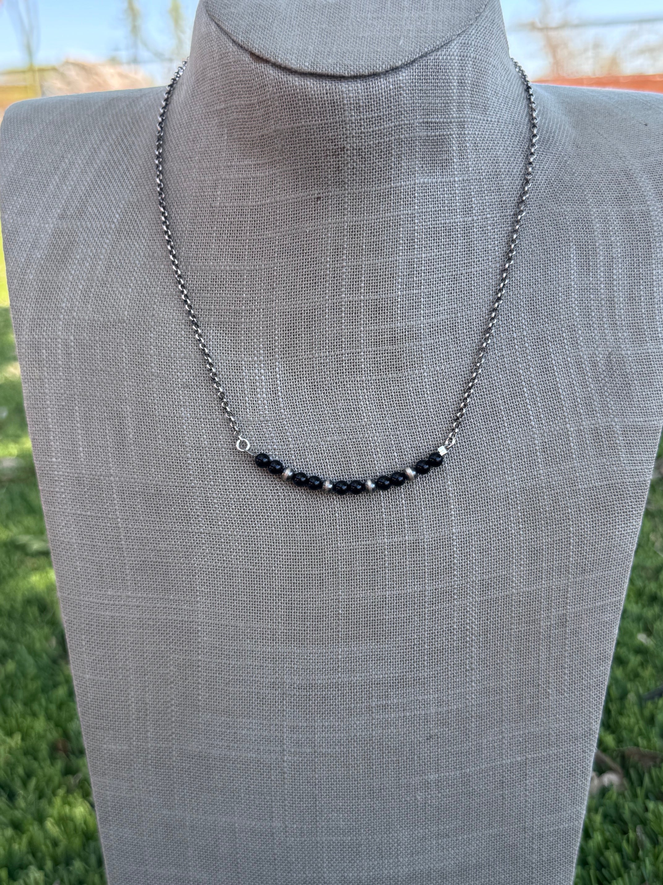 Handmade Sterling Silver Pearl & Black Onyx 4mm Beaded Necklace by Roaming Buffalo