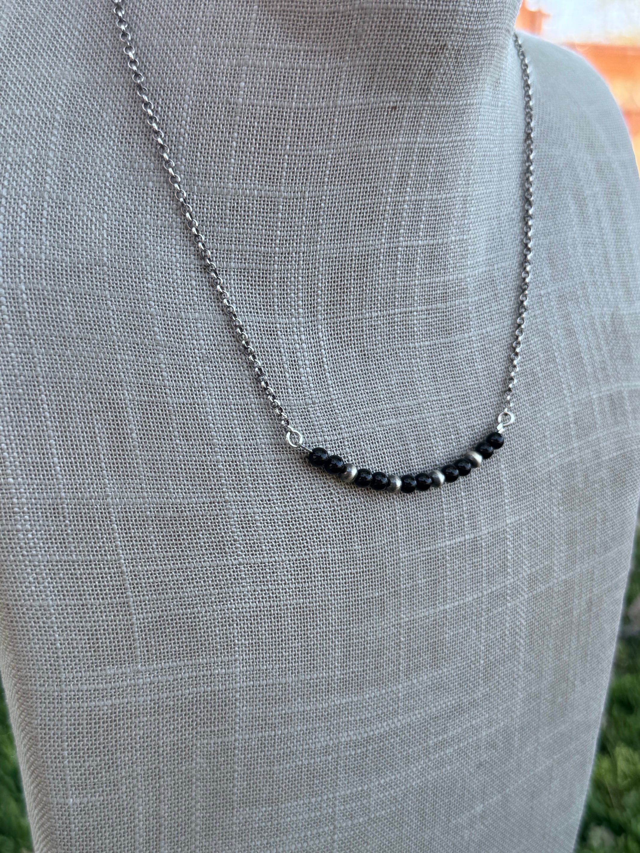 Handmade Sterling Silver Pearl & Black Onyx 4mm Beaded Necklace by Roaming Buffalo