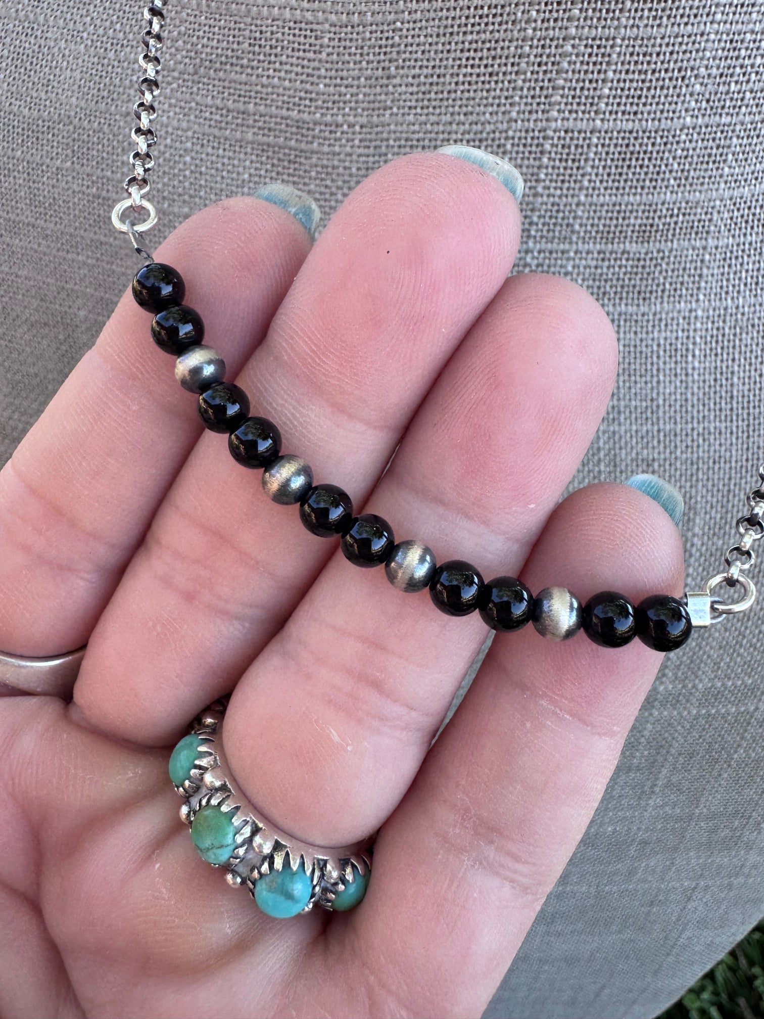 Handmade Sterling Silver Pearl & Black Onyx 4mm Beaded Necklace by Roaming Buffalo