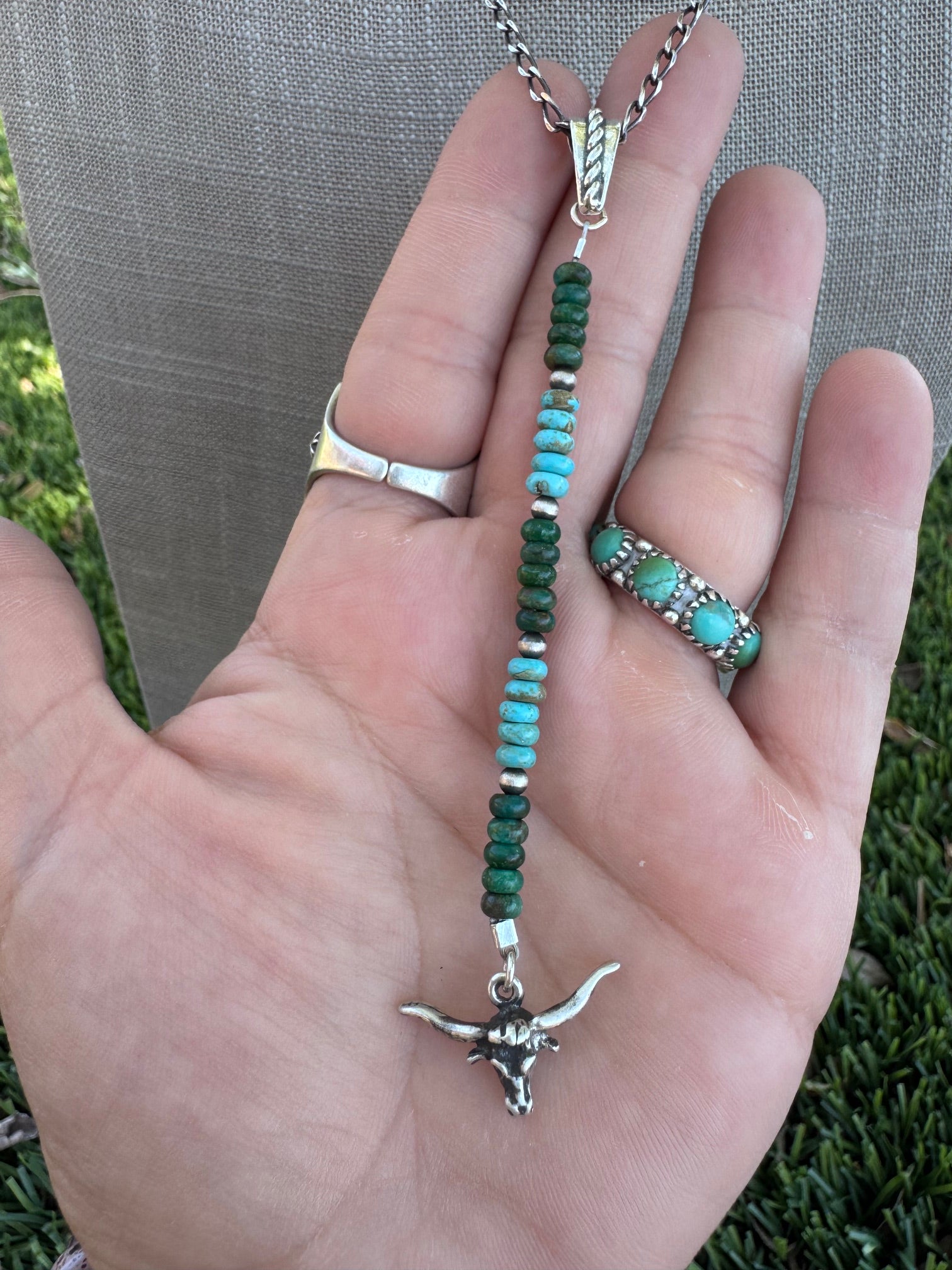 Handmade Sterling Silver Lone Mountain, Hubei, & Pearl Beaded Necklace by Roaming Buffalo