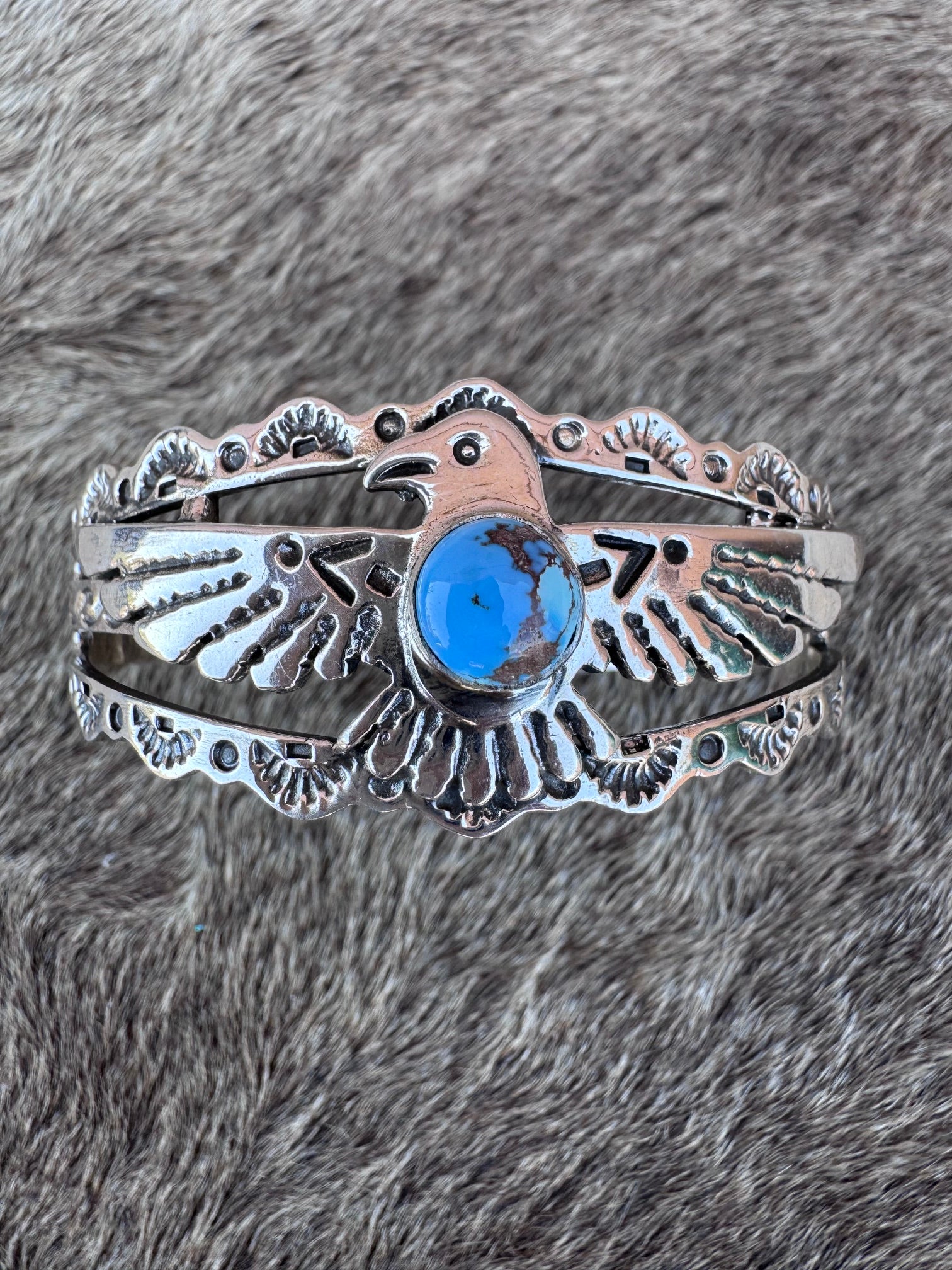 Handmade Sterling Silver Golden Hills Turquoise Thunderbird Cuff Style 3