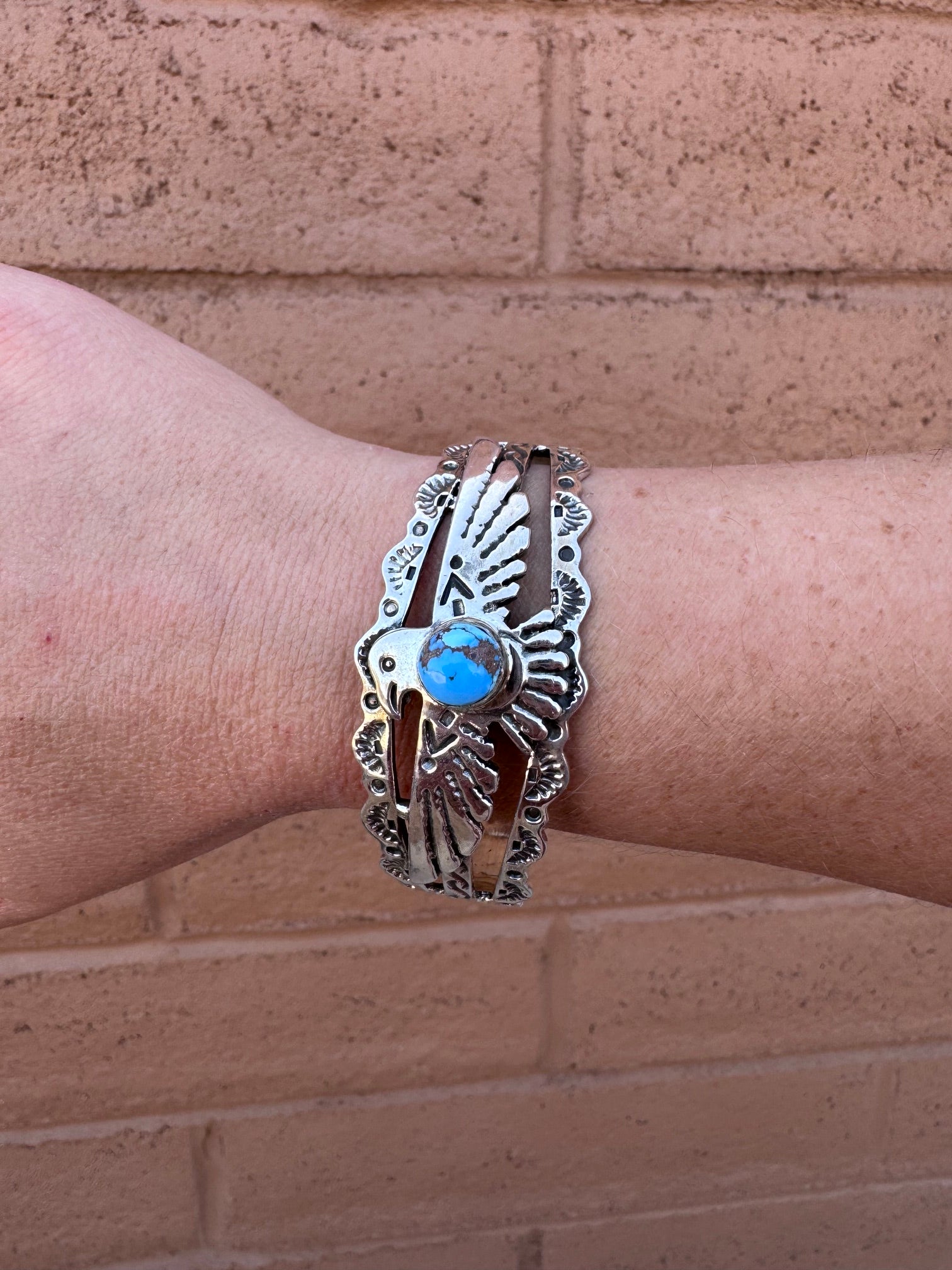 Handmade Sterling Silver Golden Hills Turquoise Thunderbird Cuff Style 3
