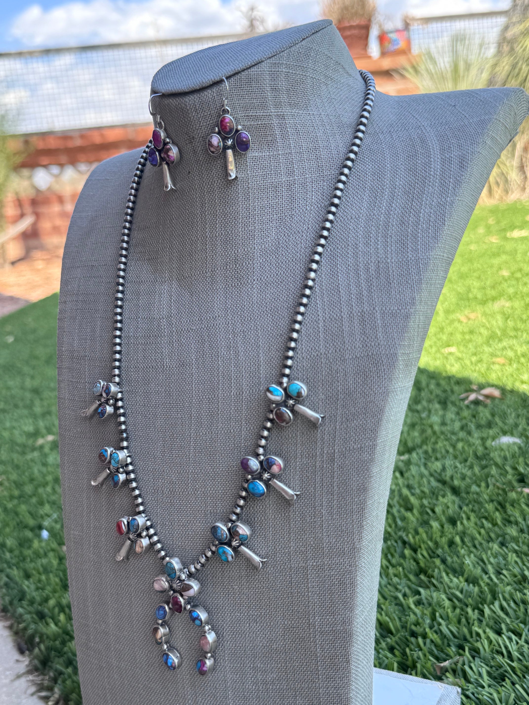 Handcrafted Pink Dream Mojave & Sterling Silver Pearl 4mm Beaded Naja Necklace Earring Set