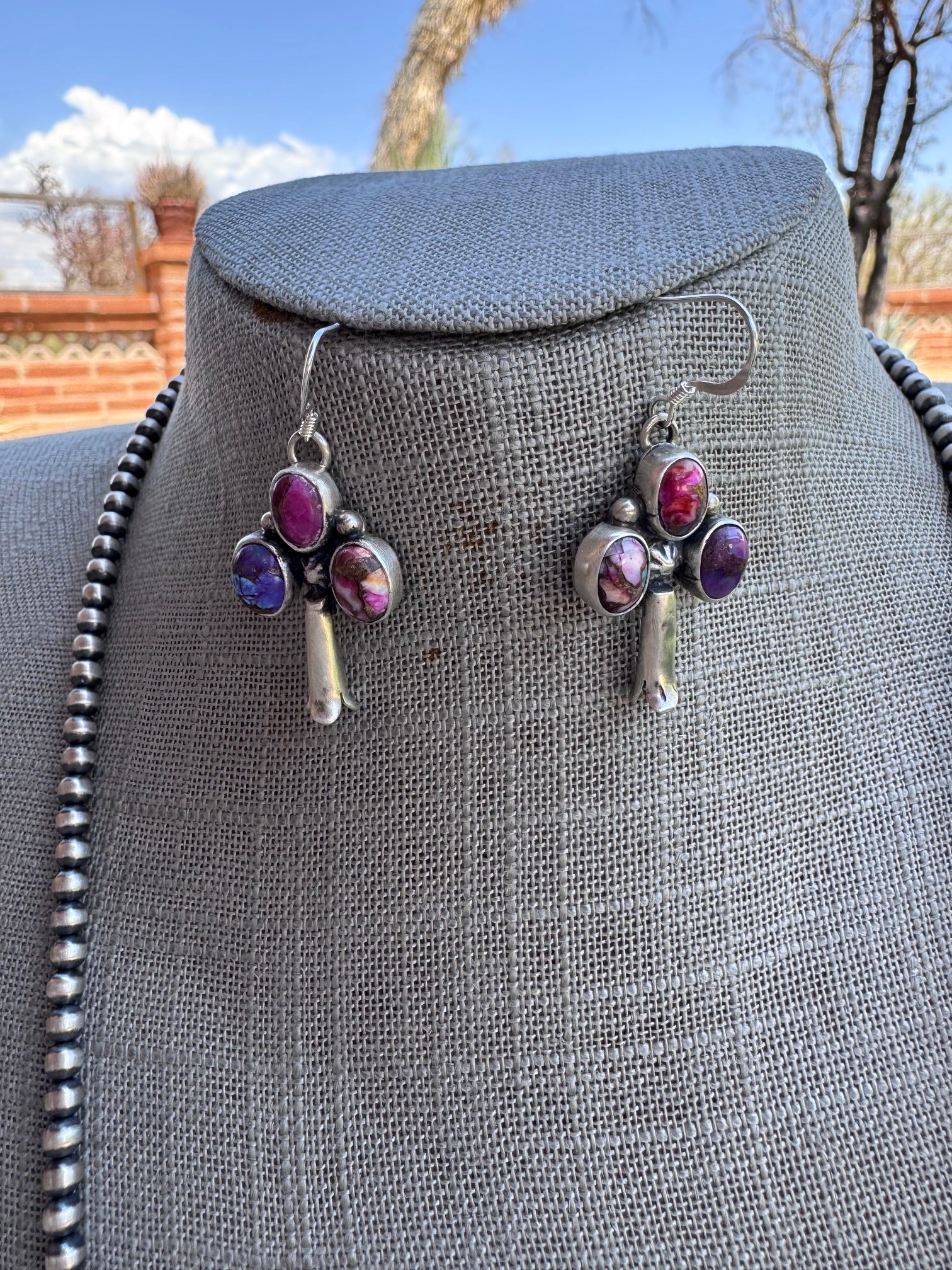 Handcrafted Pink Dream Mojave & Sterling Silver Pearl 4mm Beaded Naja Necklace Earring Set