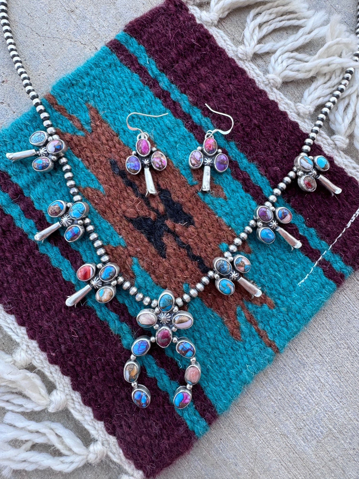 Handcrafted Pink Dream Mojave & Sterling Silver Pearl 4mm Beaded Naja Necklace Earring Set