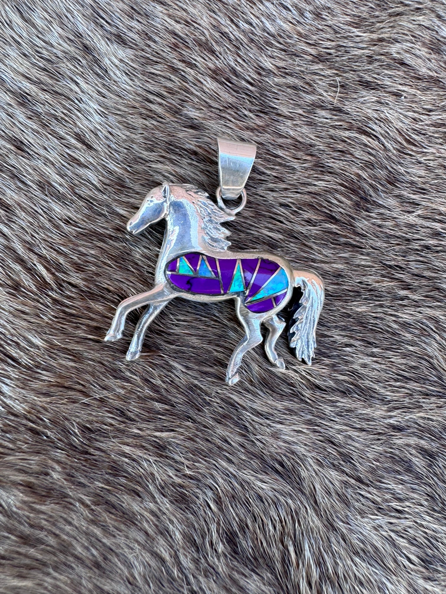 Handmade Sterling Silver Multi Stone Inlay Horse Pendant (2)