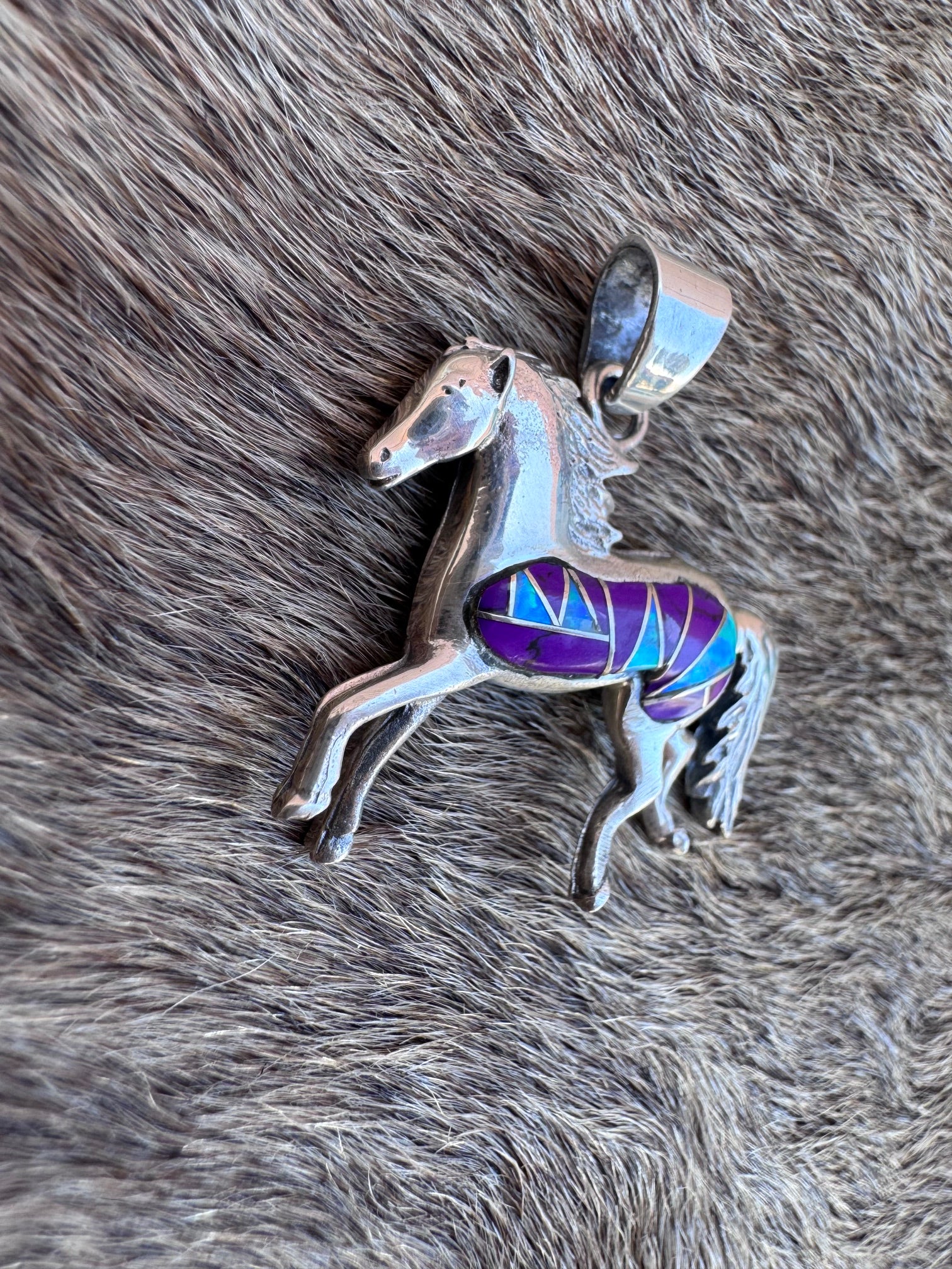 Handmade Sterling Silver Multi Stone Inlay Horse Pendant (2)