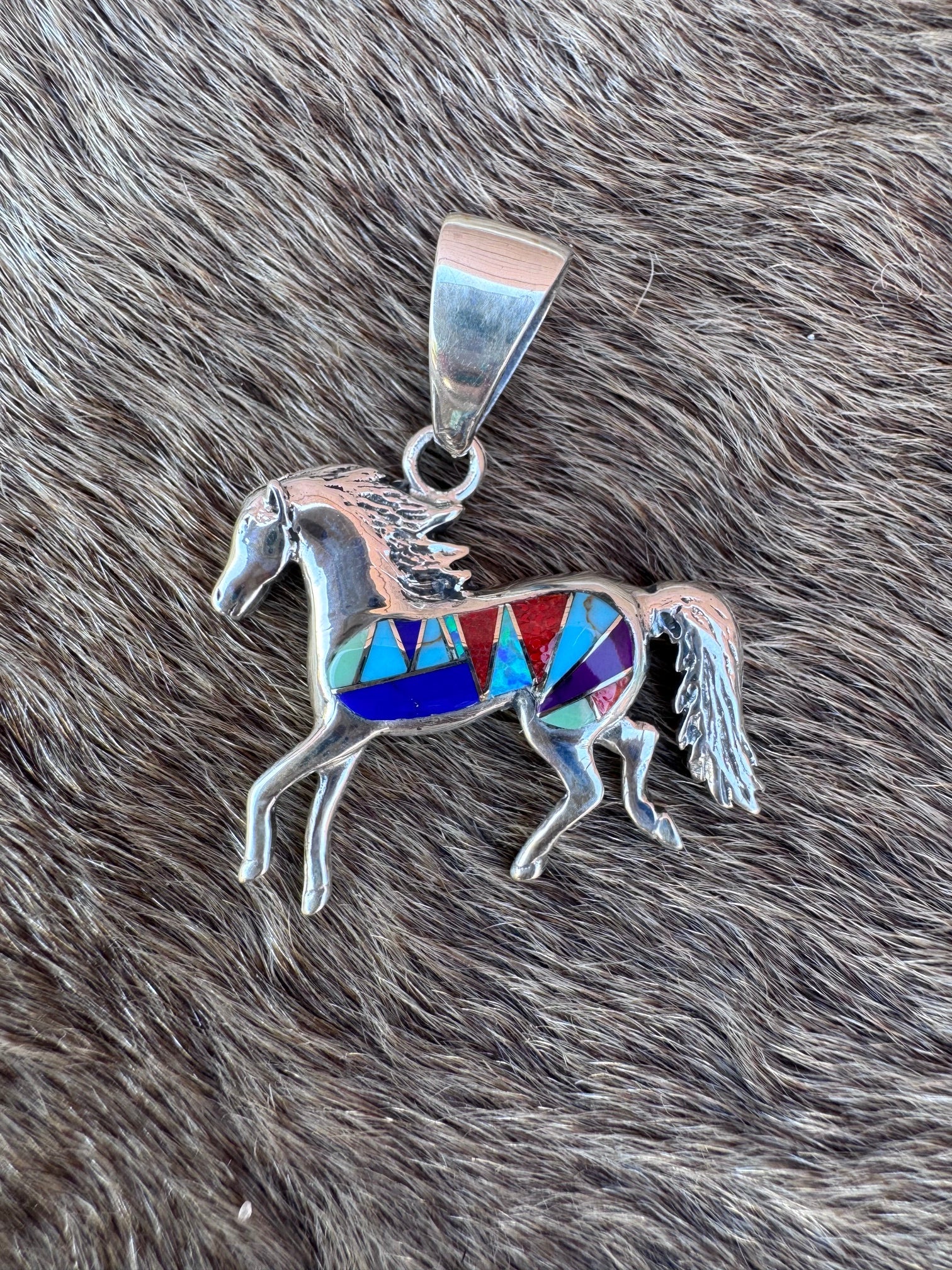 Handmade Sterling Silver Multi Stone Inlay Horse Pendant (3)