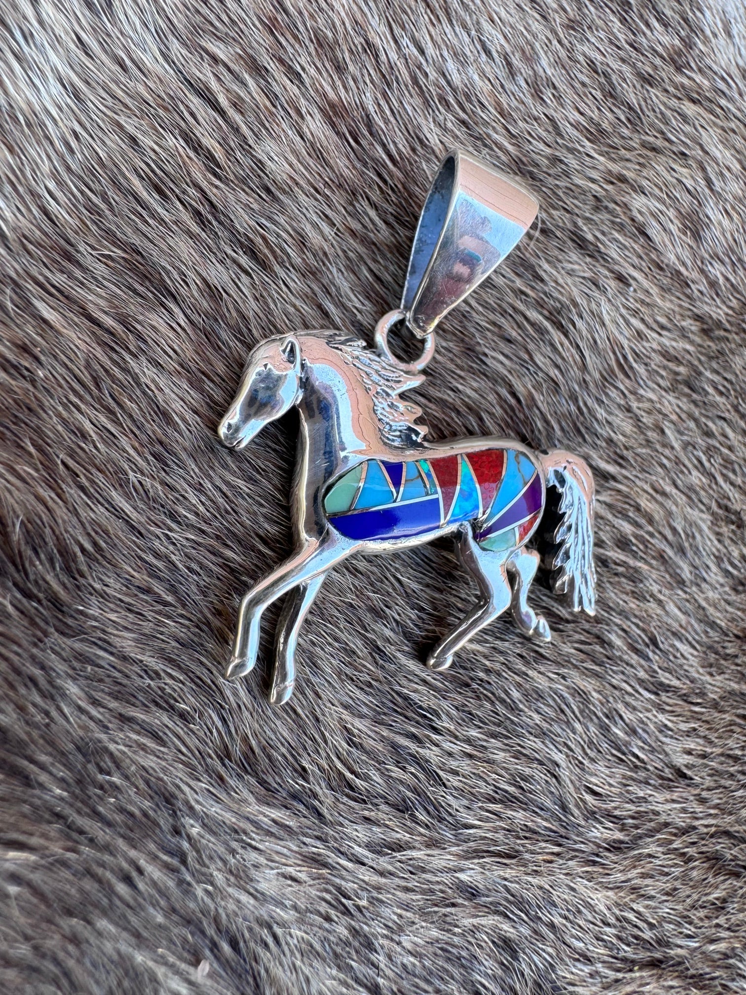 Handmade Sterling Silver Multi Stone Inlay Horse Pendant (3)