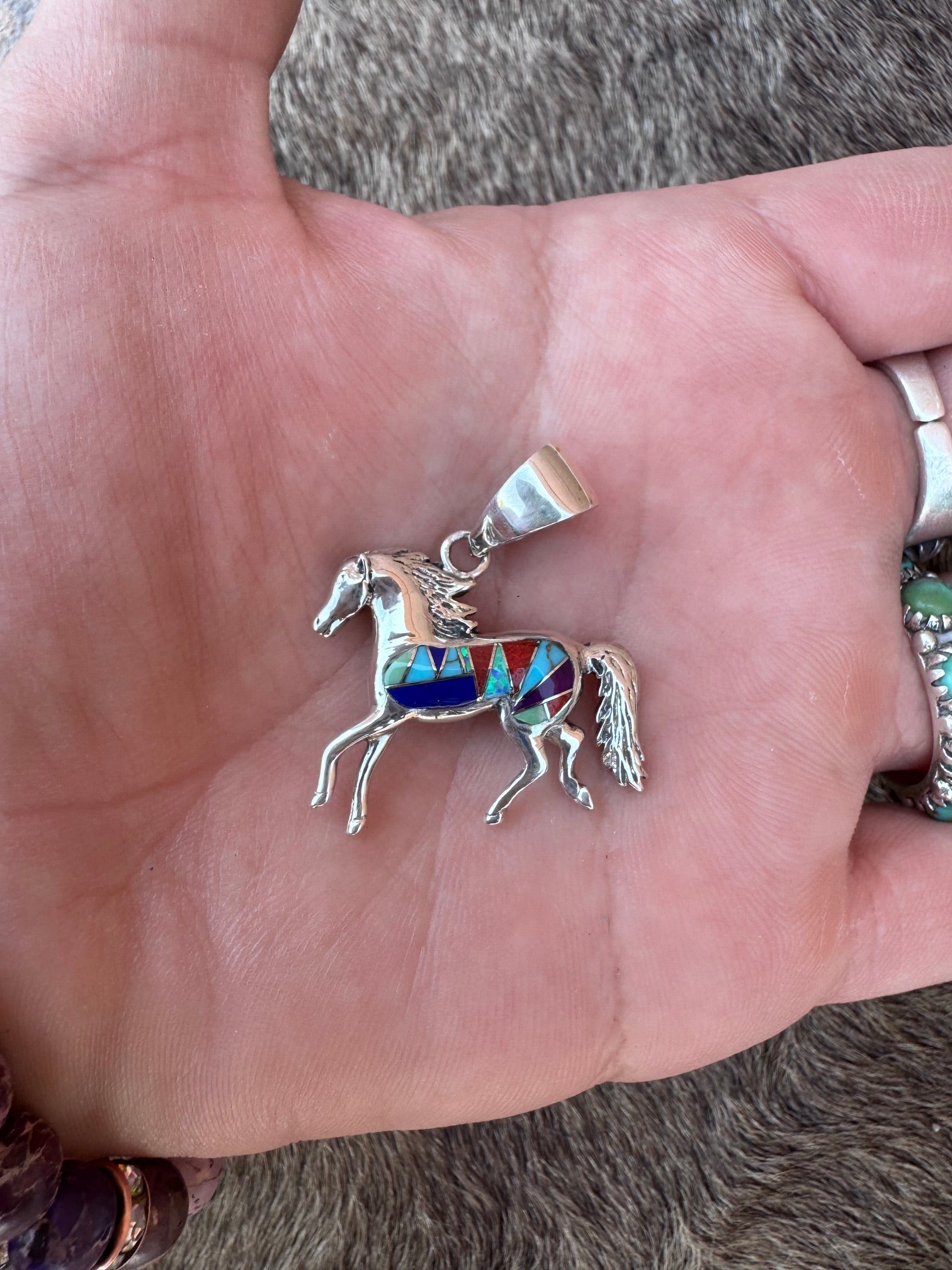 Handmade Sterling Silver Multi Stone Inlay Horse Pendant (3)