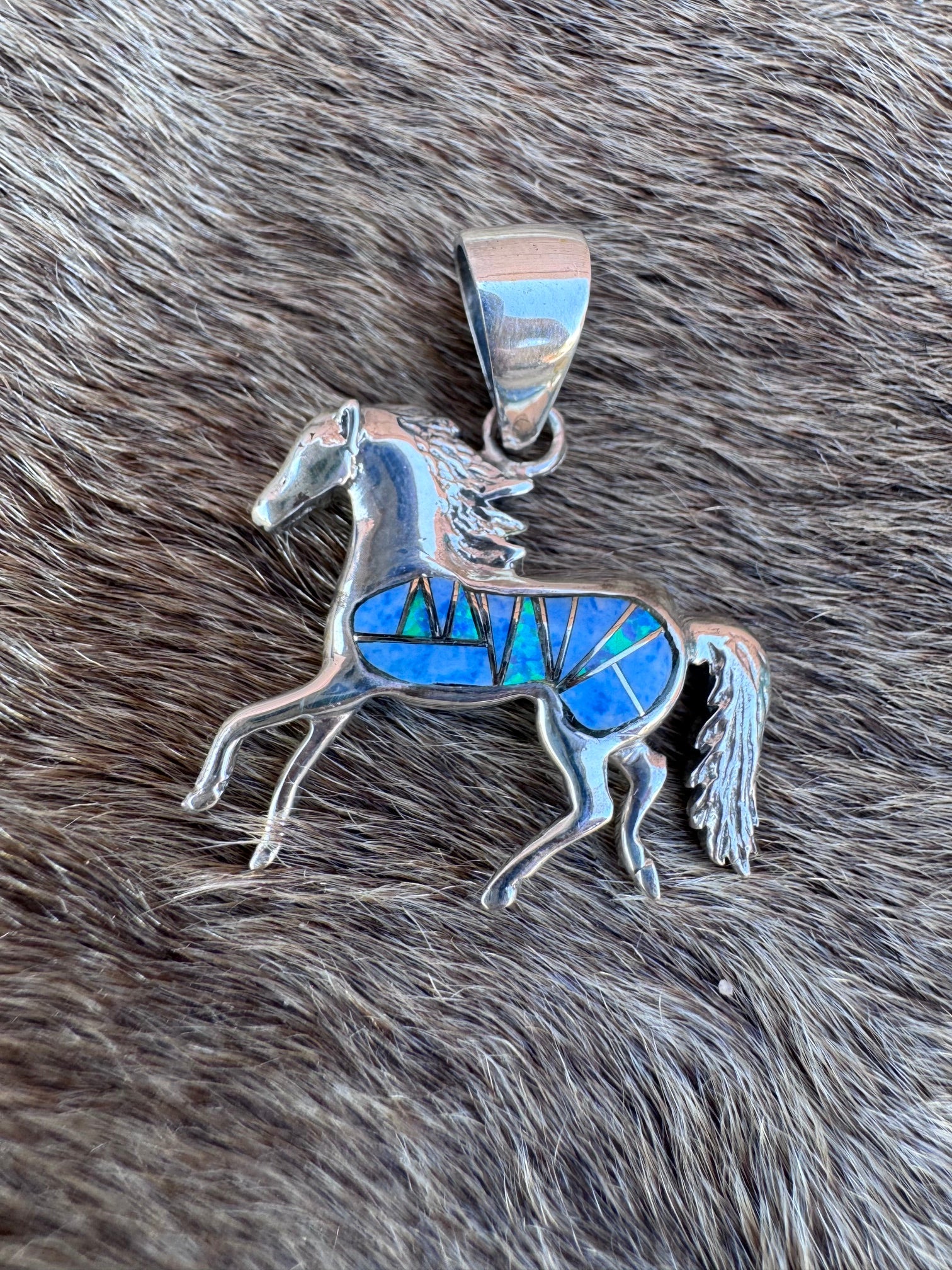 Handmade Sterling Silver Light Blue Fire Opal Inlay Horse Pendant (4)