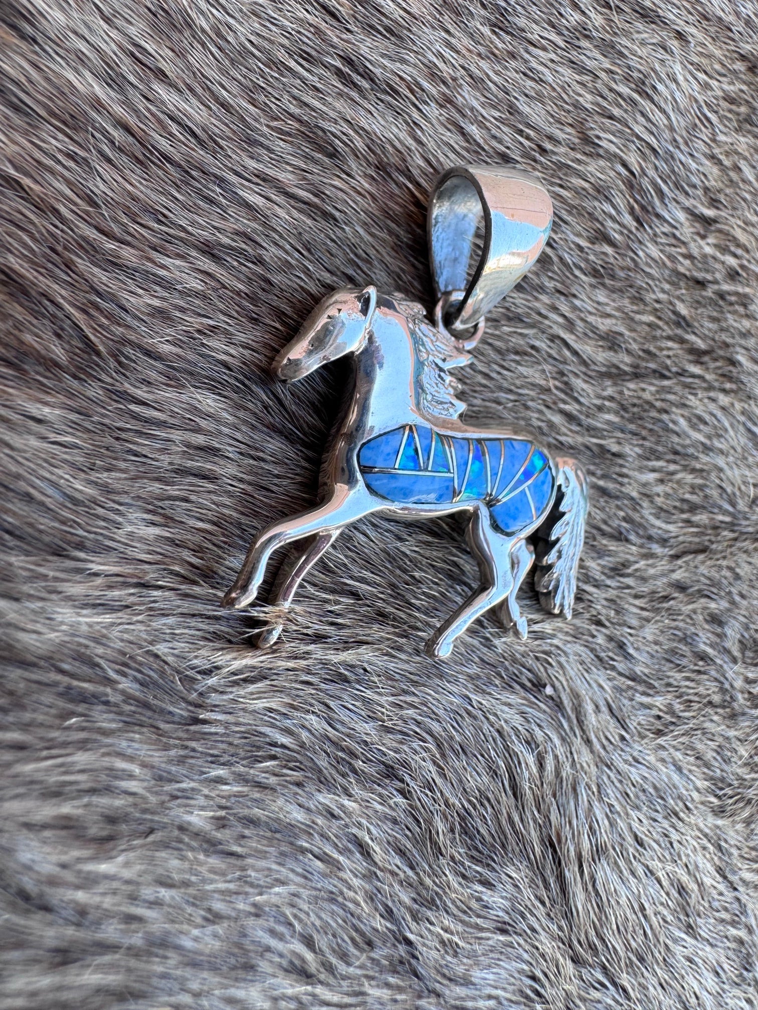 Handmade Sterling Silver Light Blue Fire Opal Inlay Horse Pendant (4)