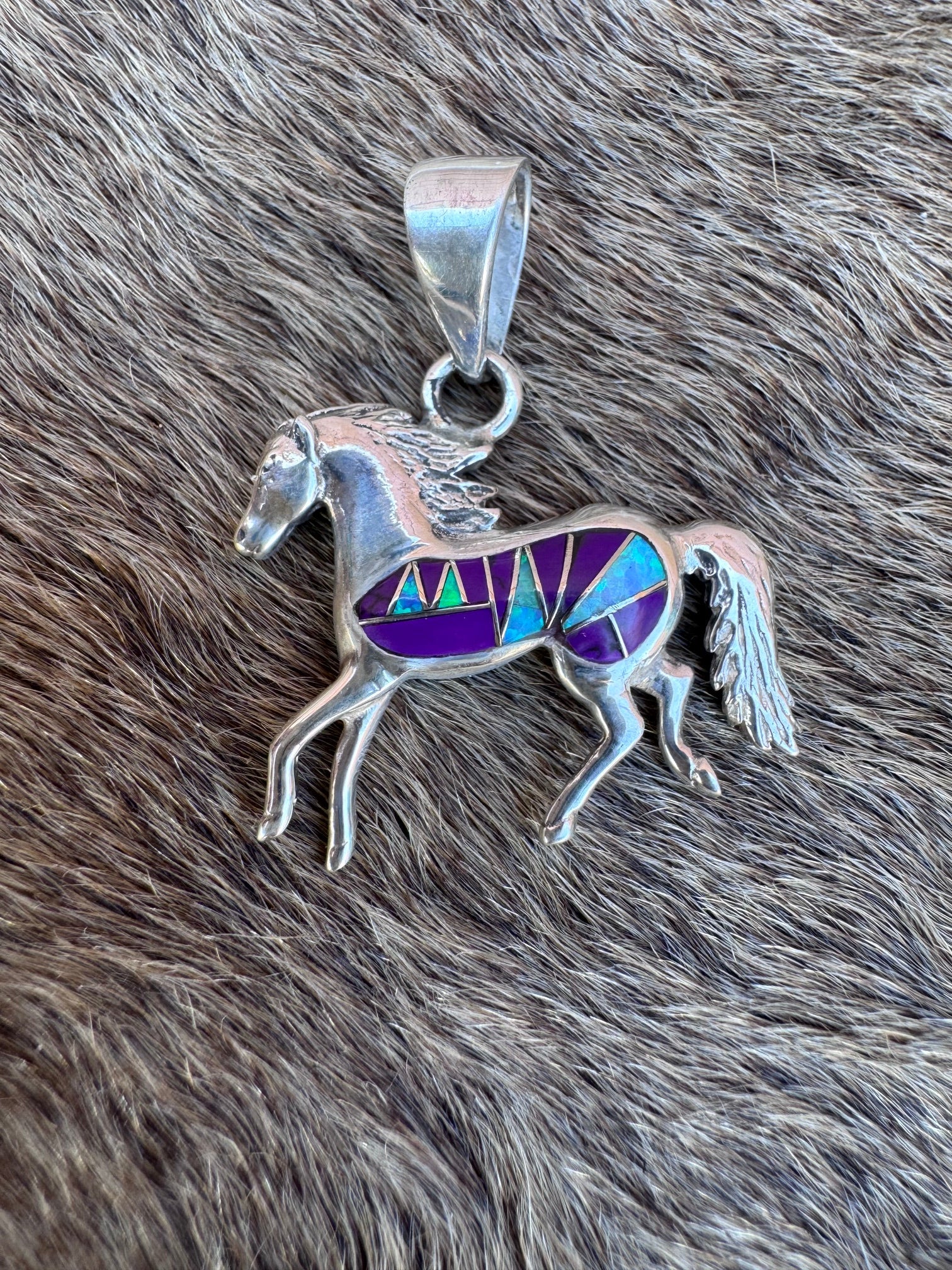 Handmade Sterling Silver Multi Stone Inlay Horse Pendant (1)
