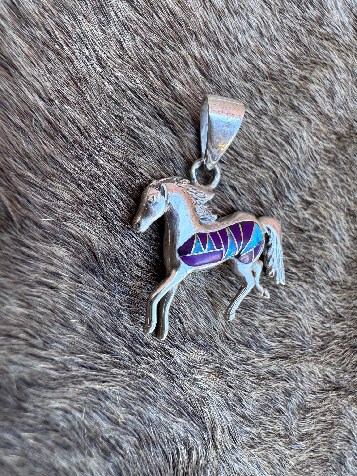 Handmade Sterling Silver Multi Stone Inlay Horse Pendant (1)