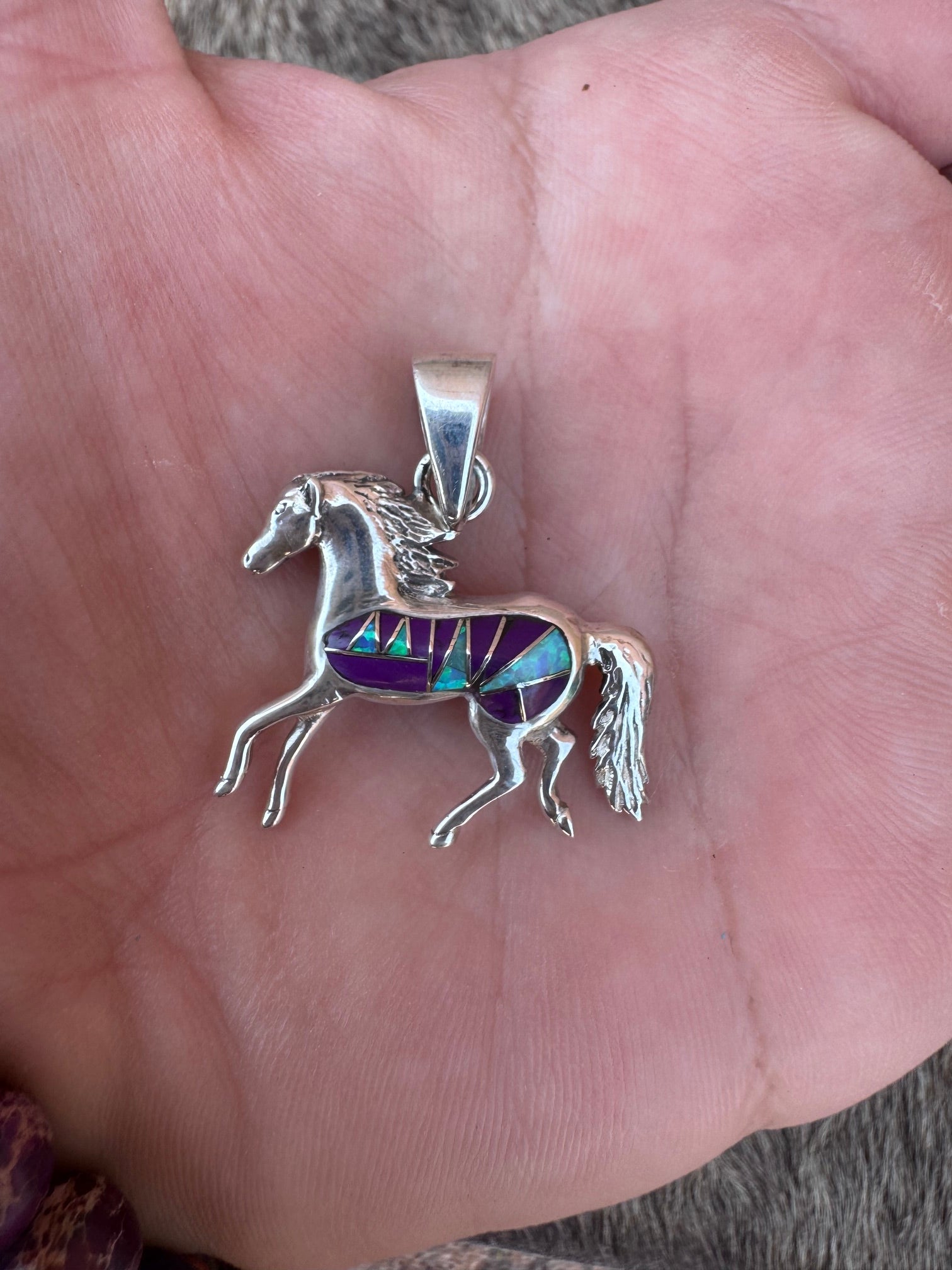 Handmade Sterling Silver Multi Stone Inlay Horse Pendant (1)