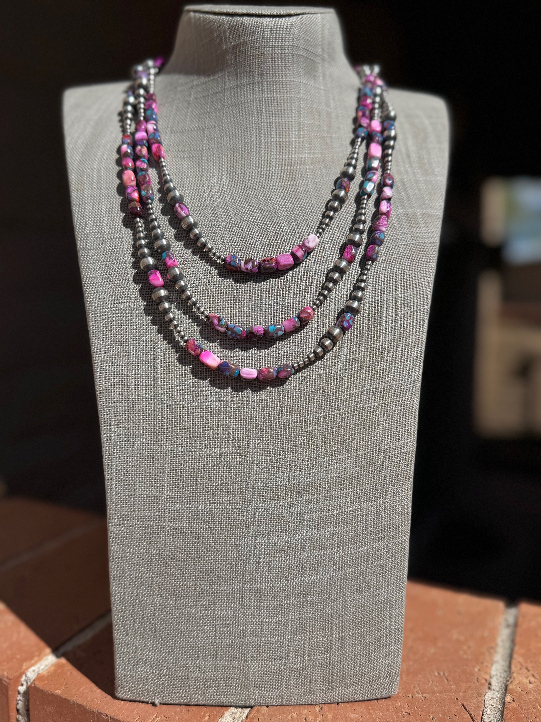 Handcrafted Sterling Silver & Pink Dream 3-6mm Beaded Necklace 24"