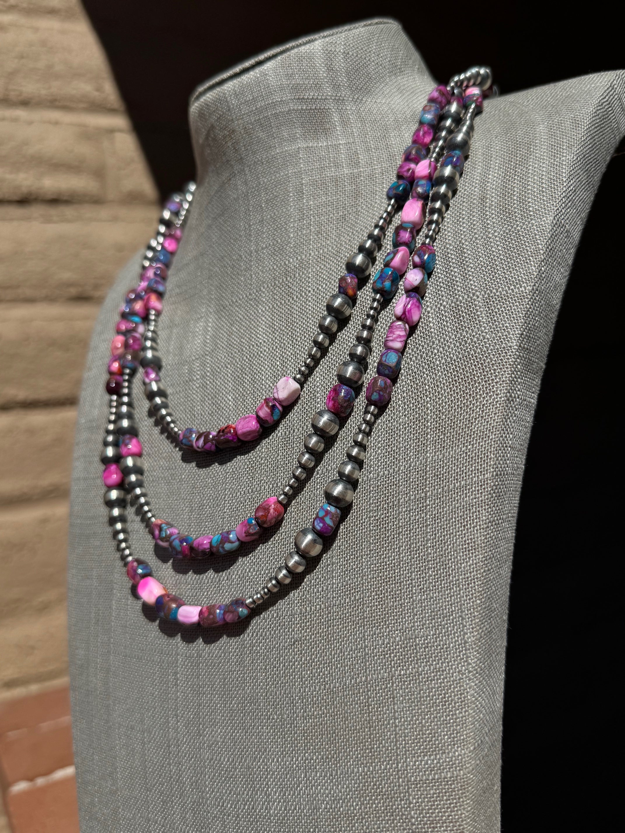 Handcrafted Sterling Silver & Pink Dream 3-6mm Beaded Necklace 24"