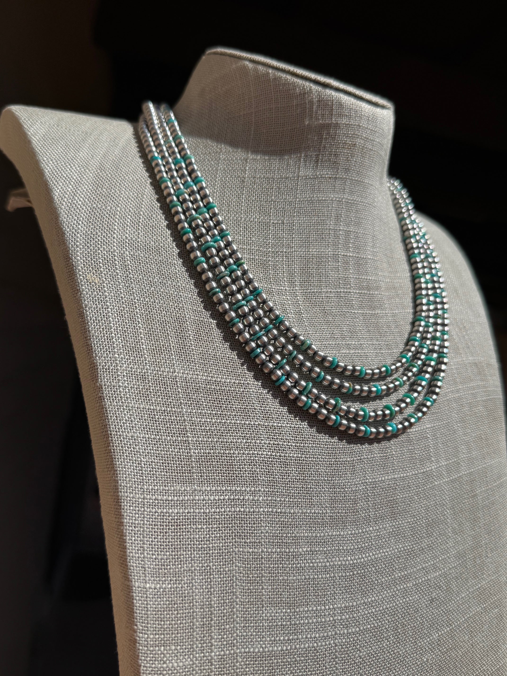 Handcrafted Kingman Turquoise & Sterling Silver 4mm Beaded Necklace 20"