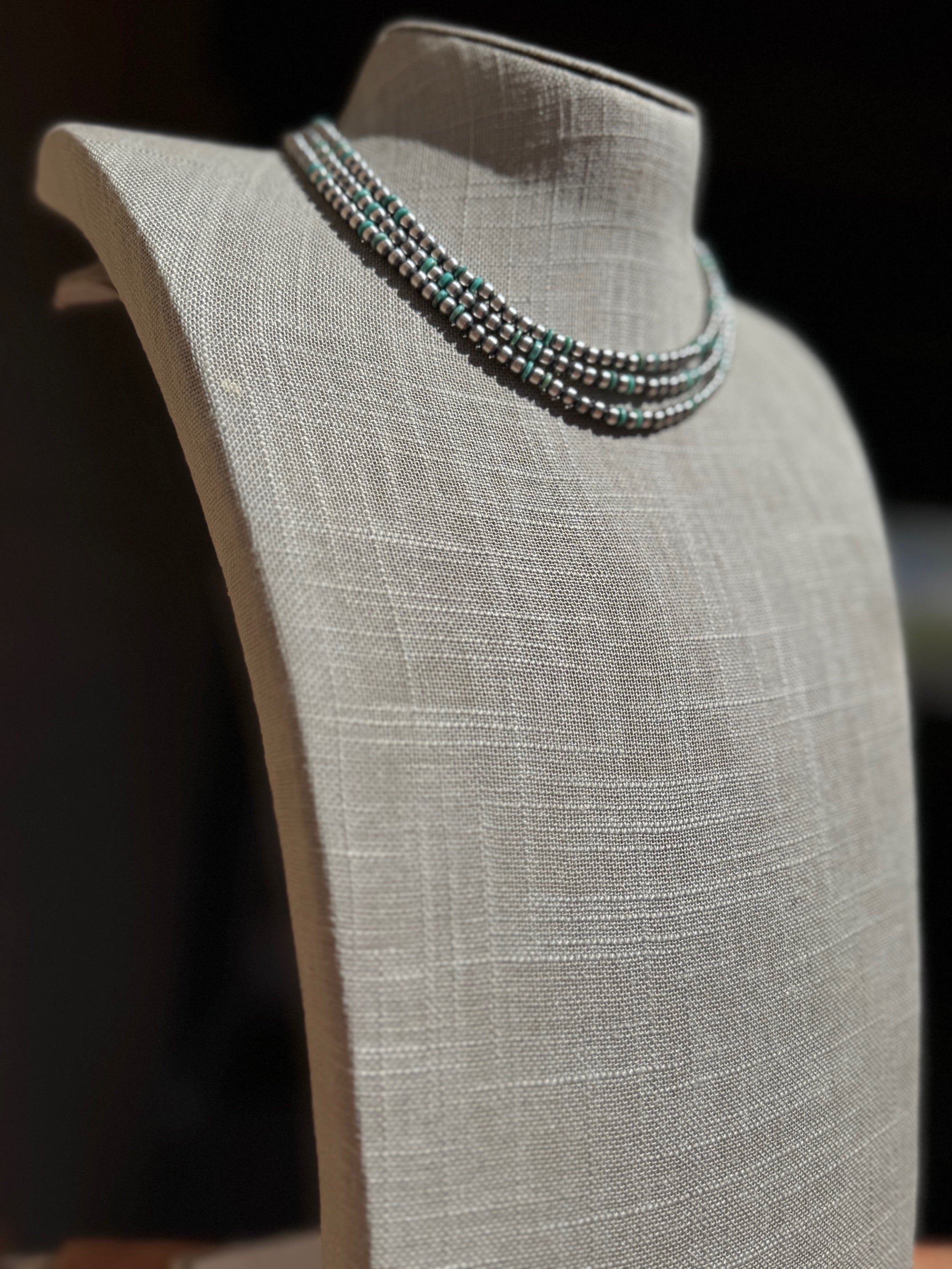 Handcrafted Kingman Turquoise & Sterling Silver 4mm Beaded Necklace 16"