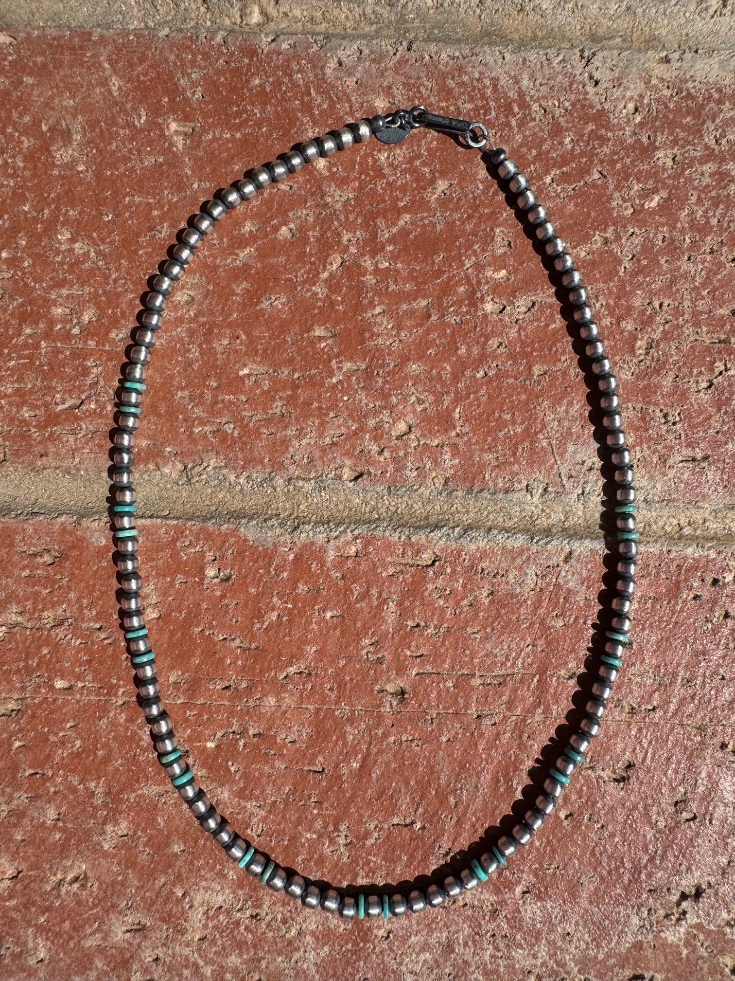 Handcrafted Kingman Turquoise & Sterling Silver 4mm Beaded Necklace 16"