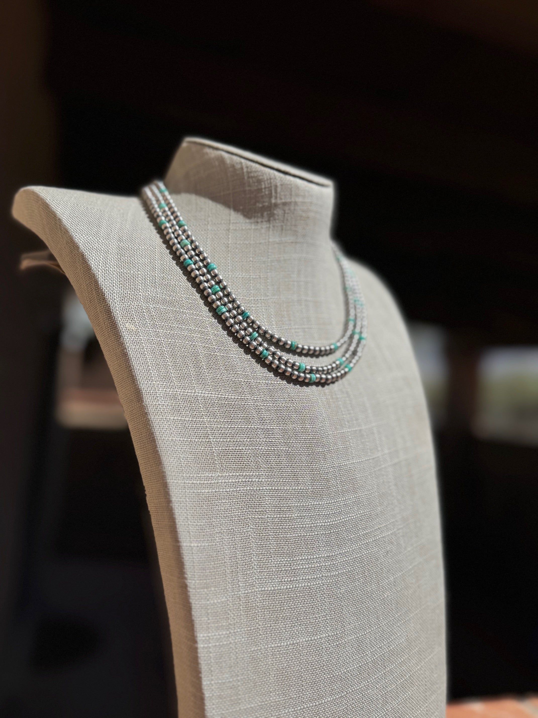 Handcrafted Kingman Turquoise & Sterling Silver 4mm Beaded Necklace 18"