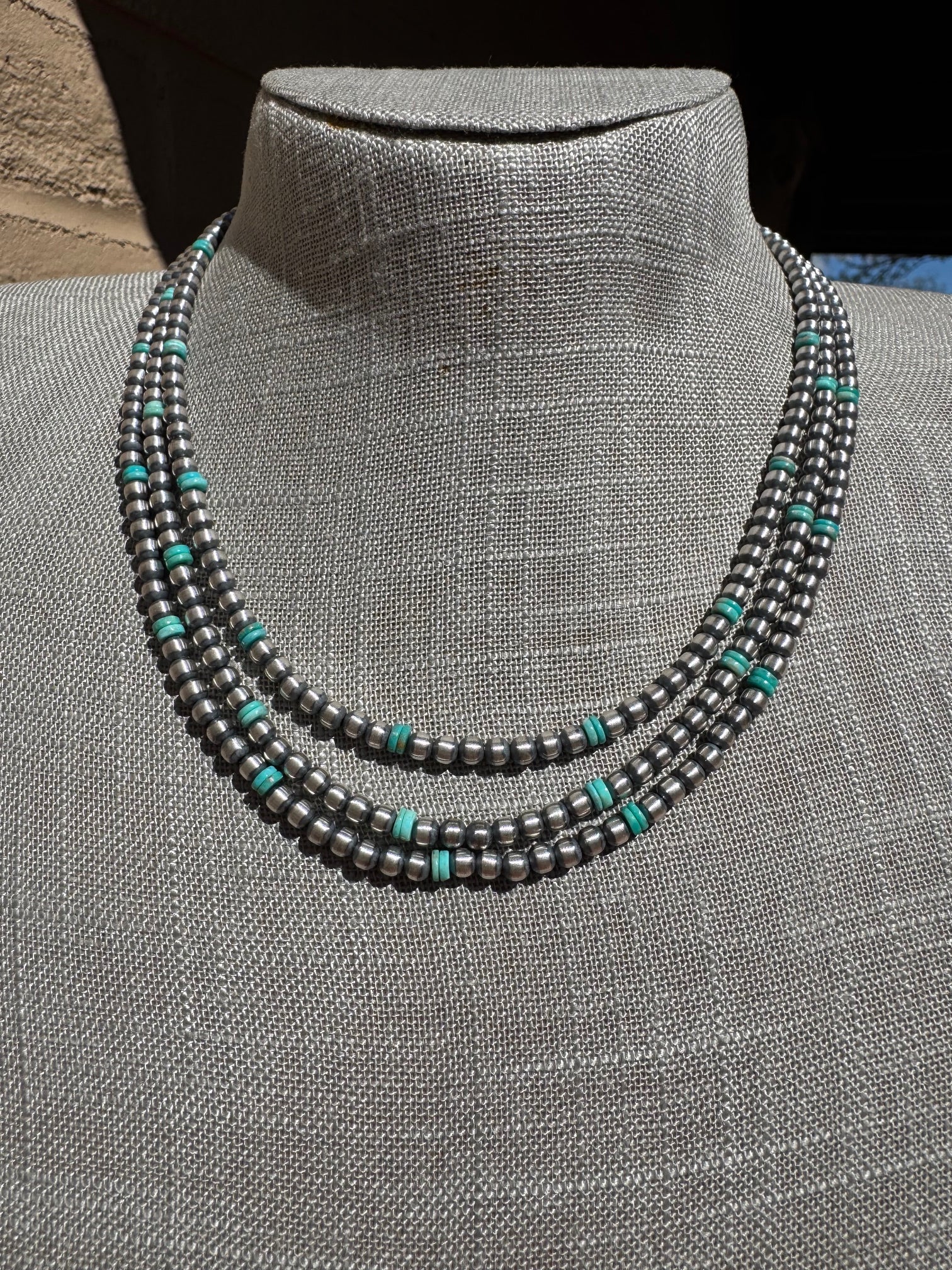Handcrafted Kingman Turquoise & Sterling Silver 4mm Beaded Necklace 18"