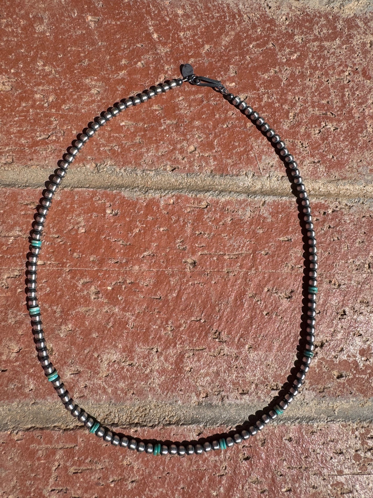 Handcrafted Kingman Turquoise & Sterling Silver 4mm Beaded Necklace 18"