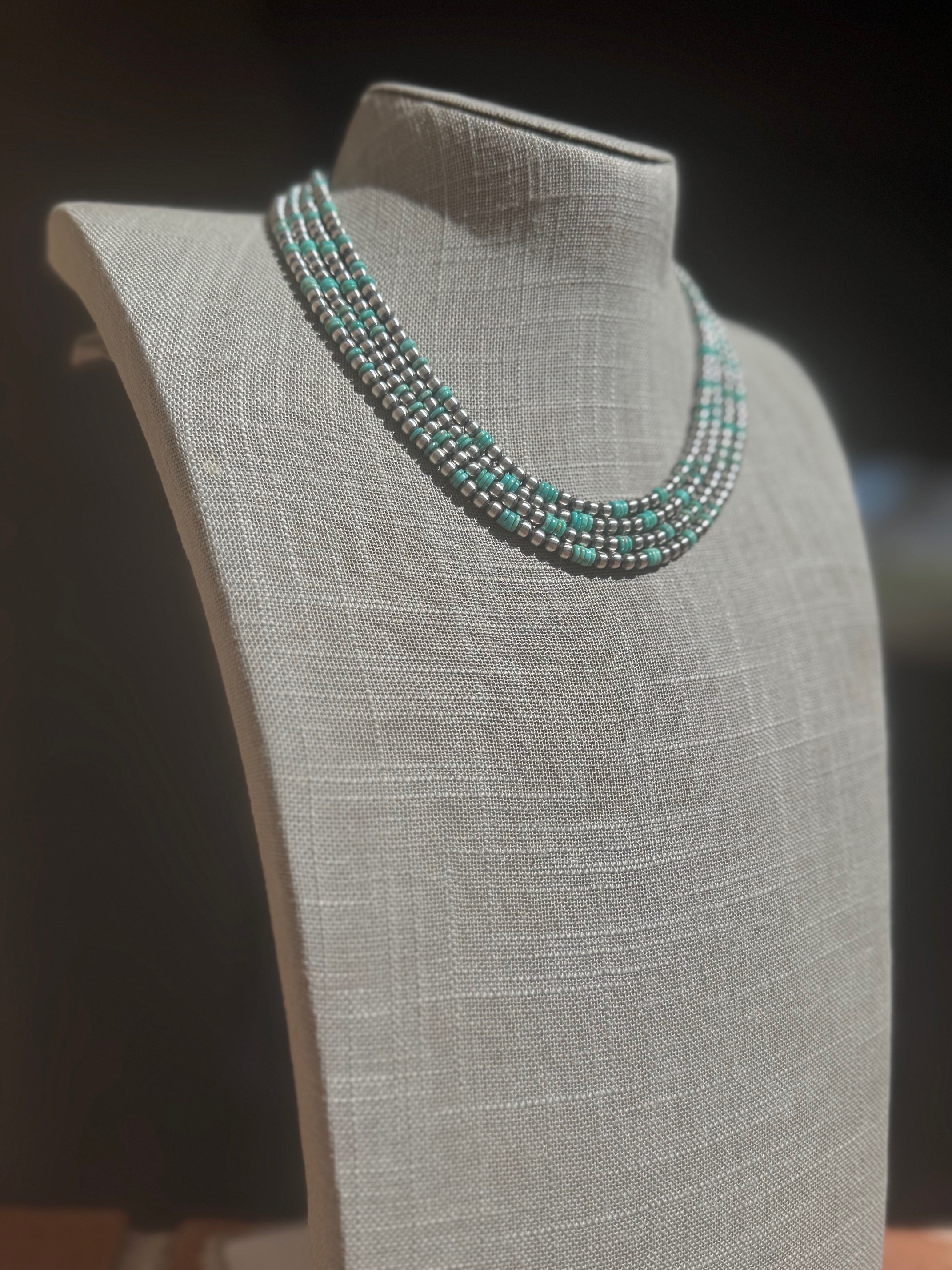 Handcrafted Kingman Turquoise & Sterling Silver 4mm Beaded Necklace