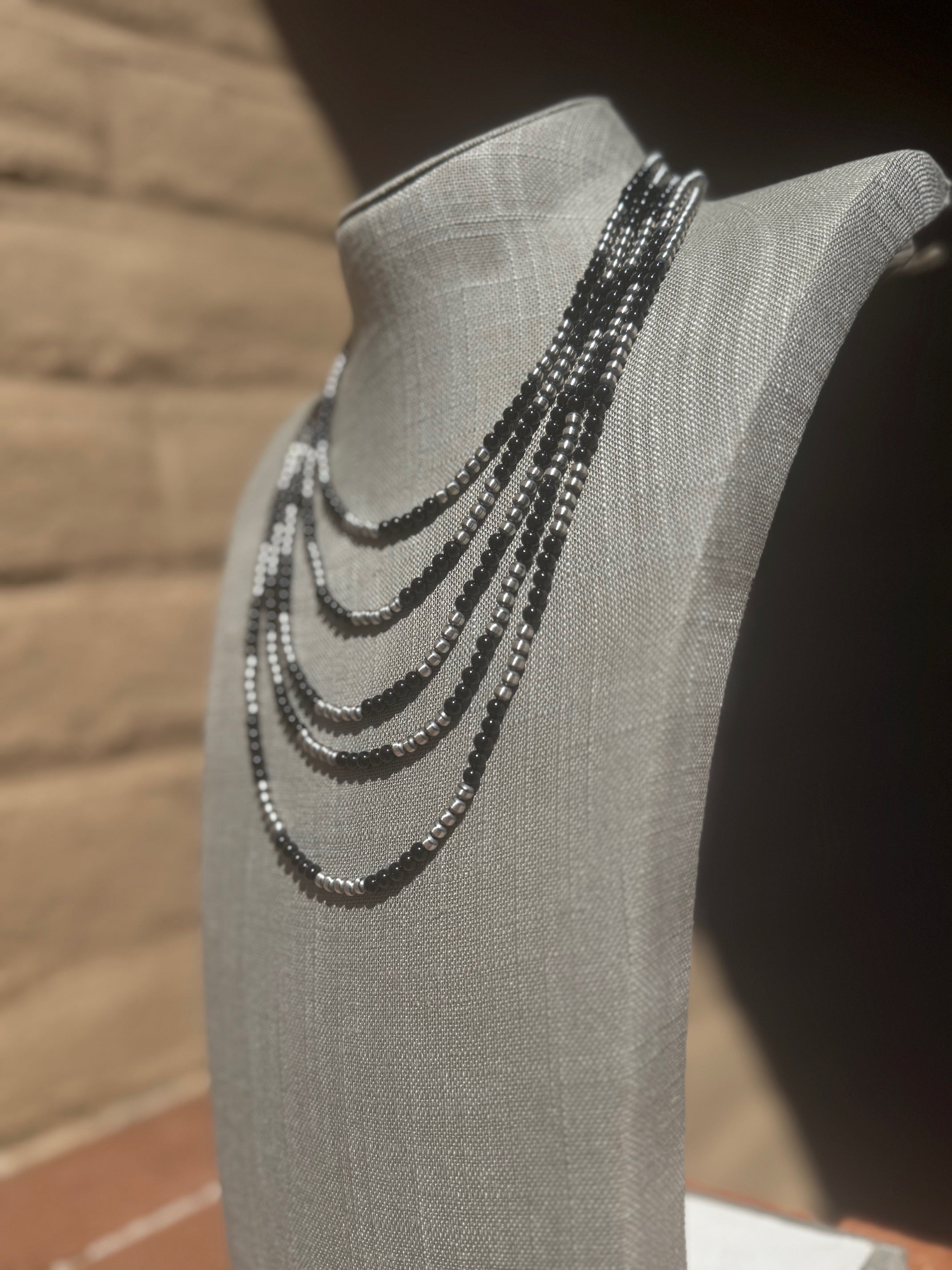 Handcrafted Pearl Sterling Silver & Black Onyx Beaded 4mm Necklace