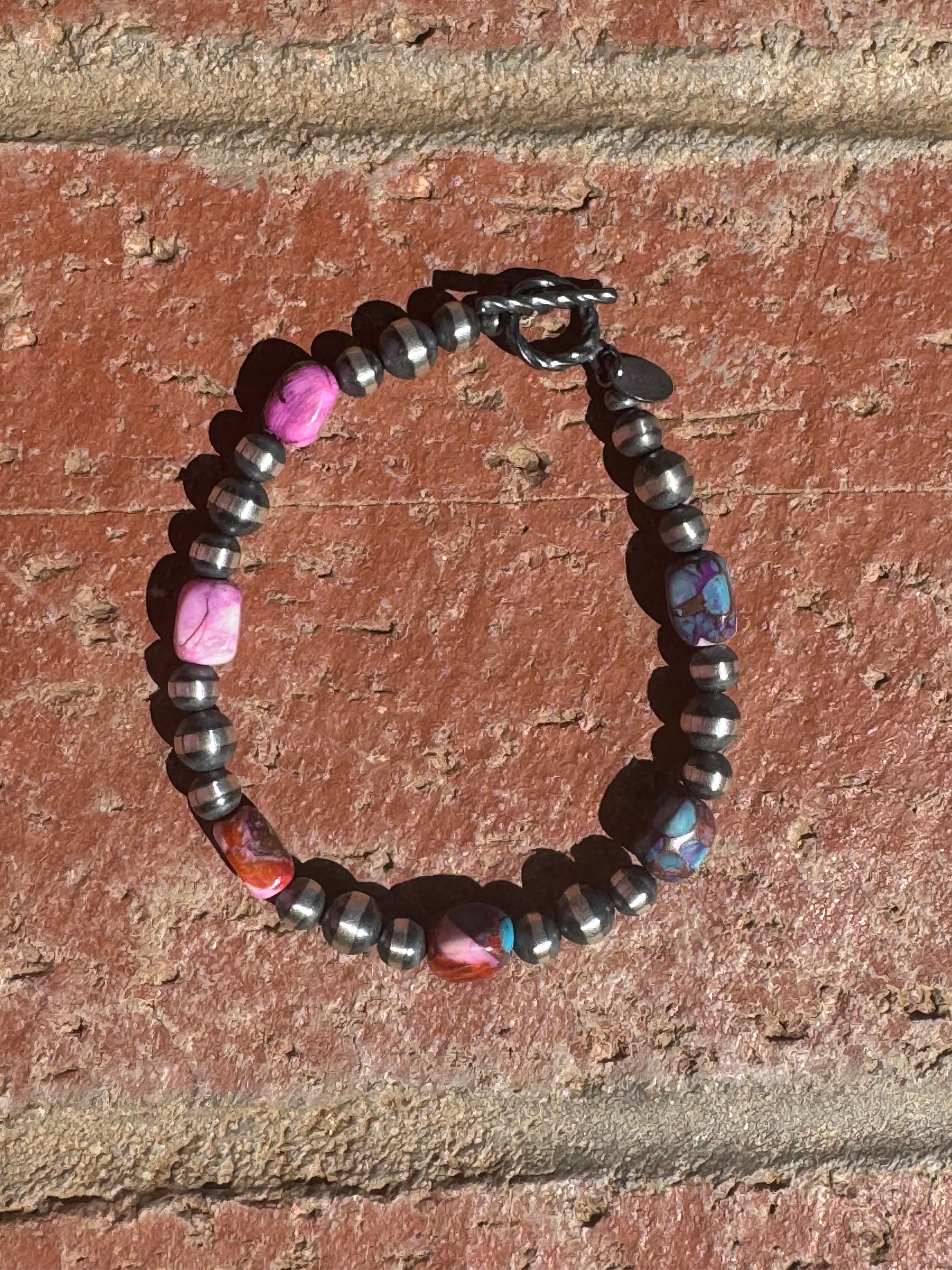 Handcrafted Pearl Style Sterling Silver & Pink Dream Beaded Bracelet 7 inches