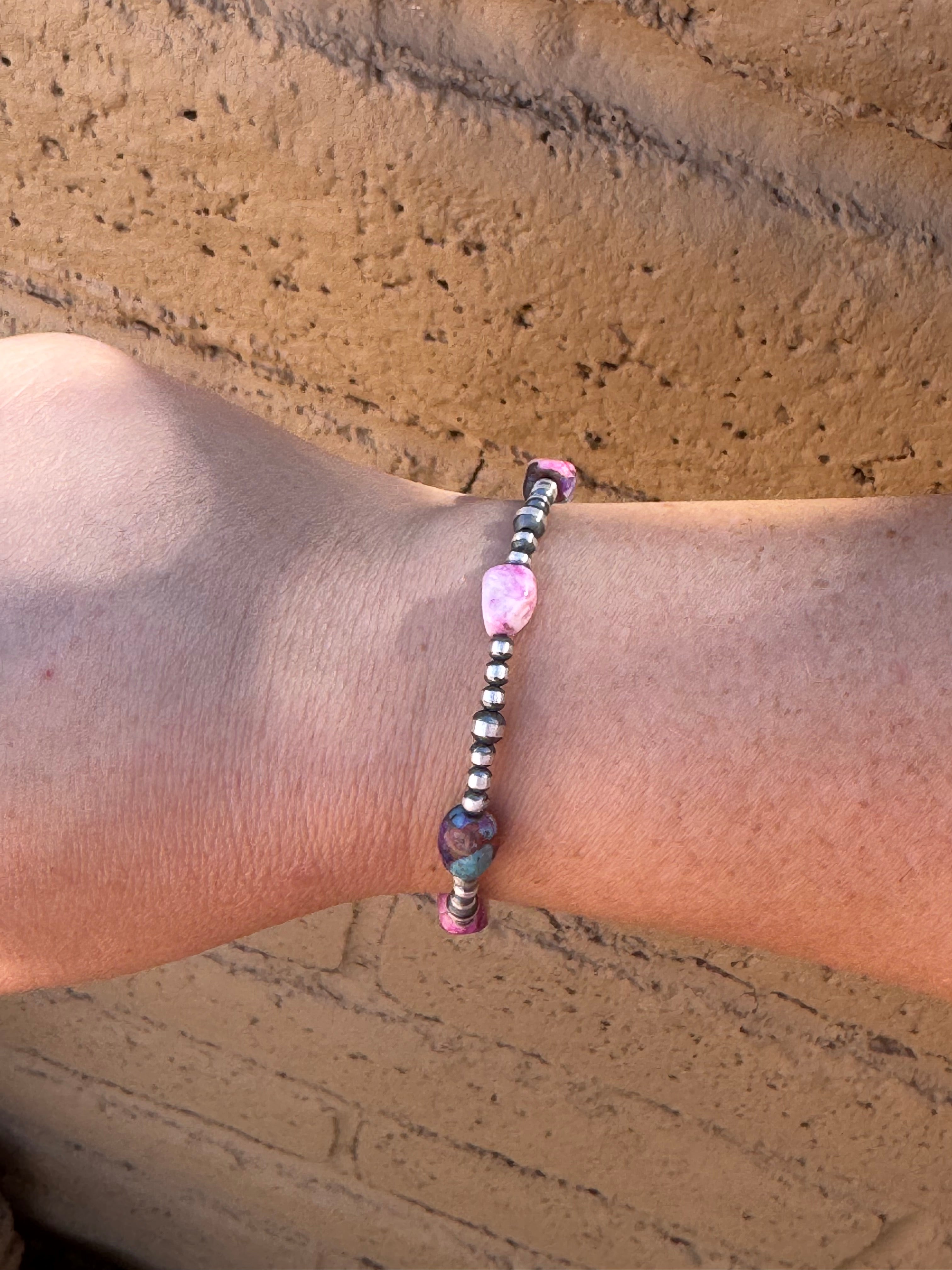 Handcrafted Pearl Style Sterling Silver & Pink Dream Mojave Beaded Bracelet 7 inches