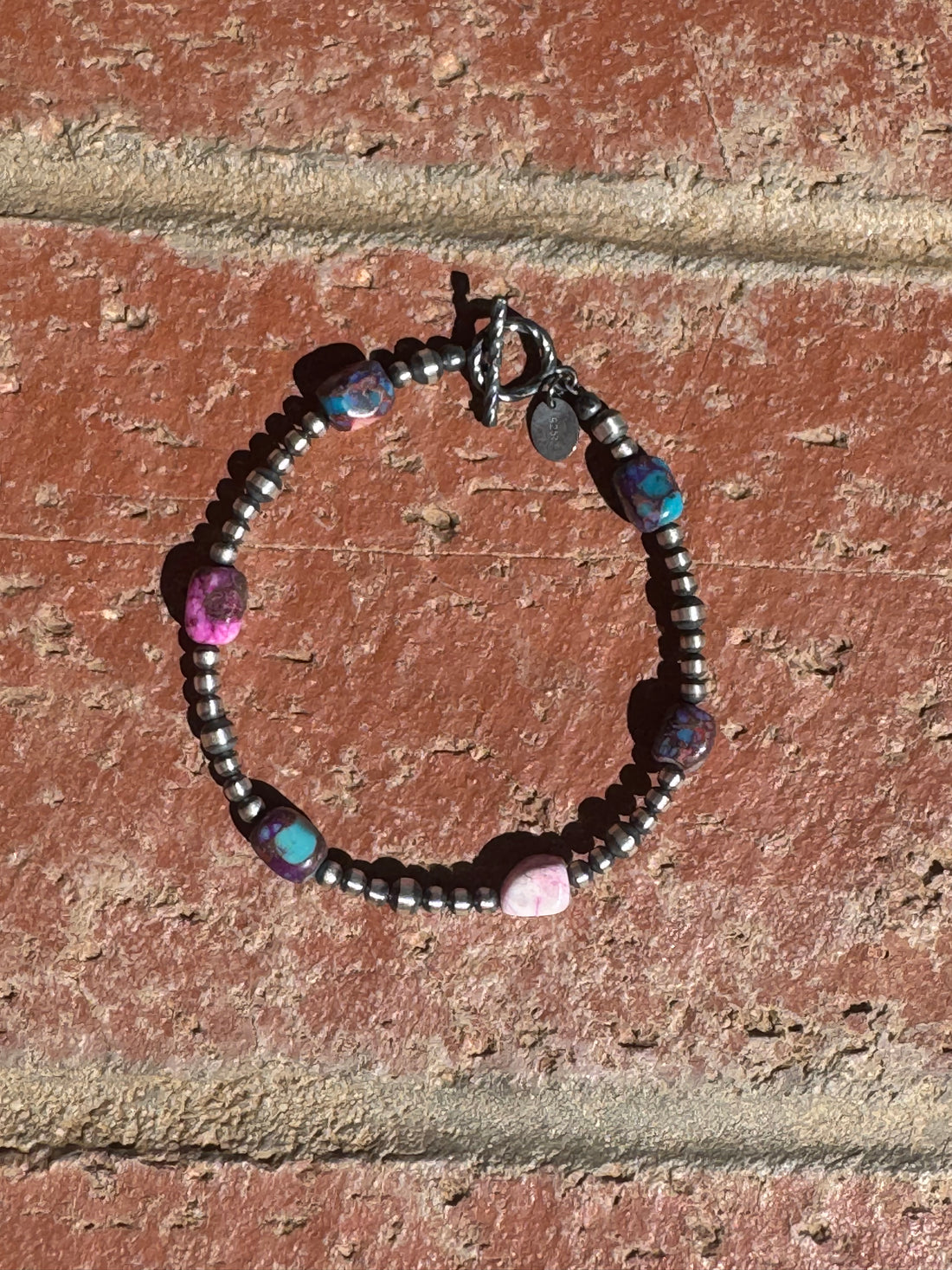 Handcrafted Pearl Style Sterling Silver & Pink Dream Mojave Beaded Bracelet 7 inches