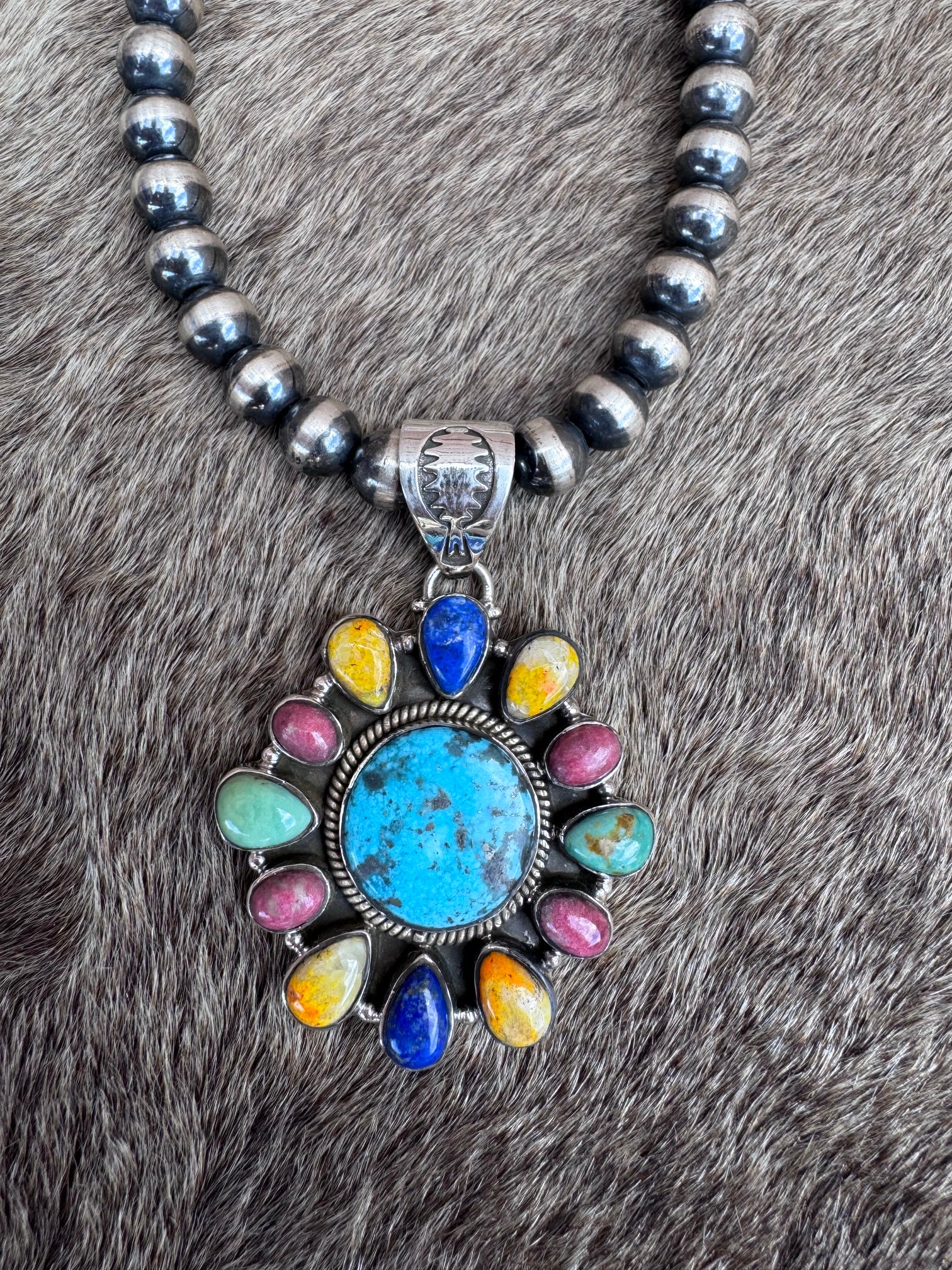 Handmade Sterling Silver Multi Stone Pendant signed Nizhoni (Blue)