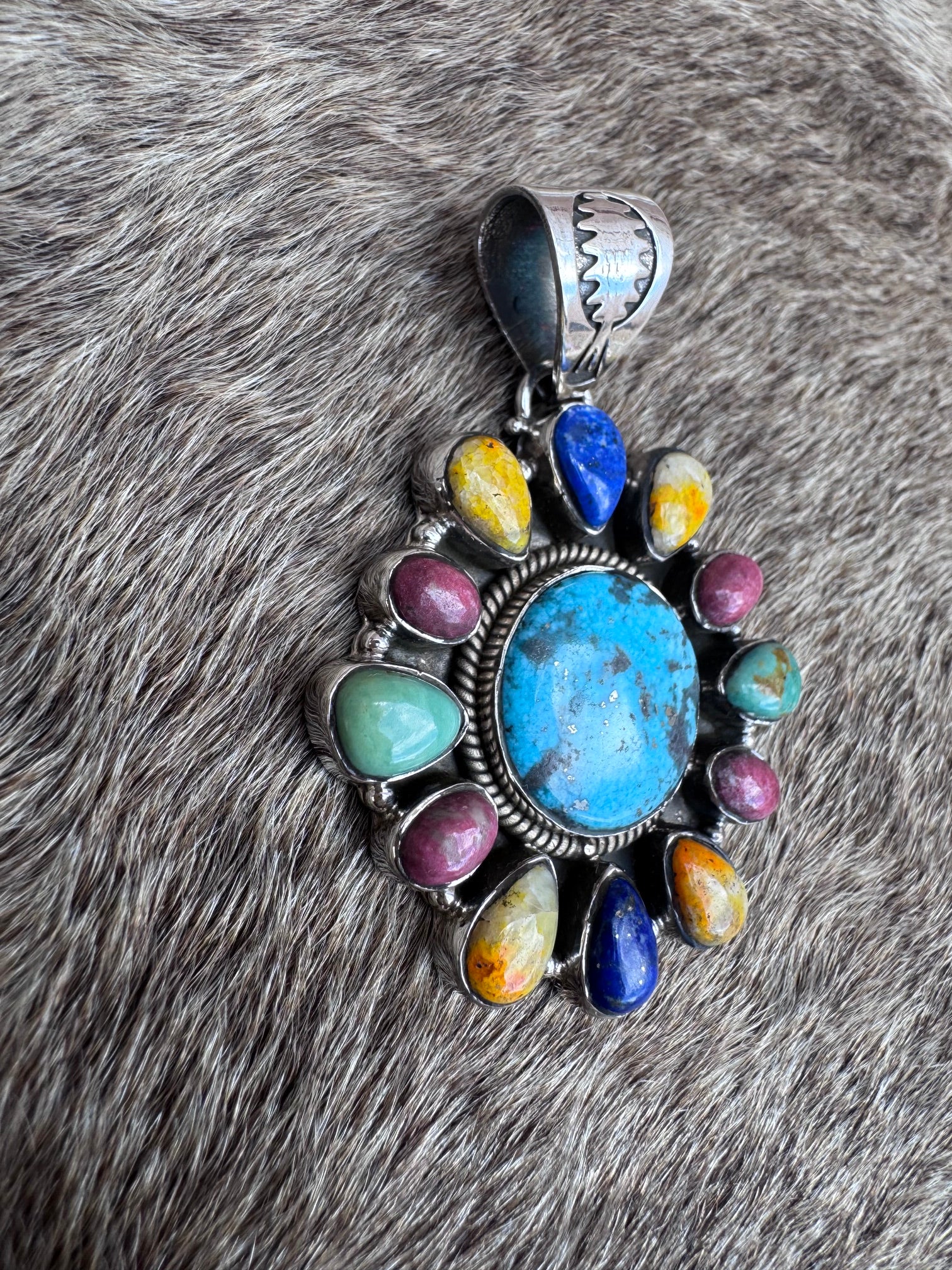Handmade Sterling Silver Multi Stone Pendant signed Nizhoni (Blue)